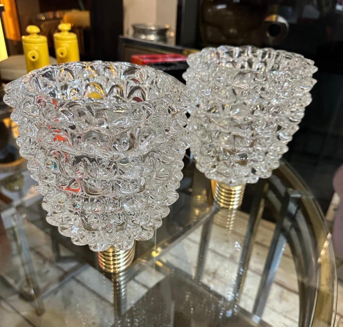 2000s Barovier Style Art Deco Brass and Rostrato Murano Glass Wall Sconces For Sale 5