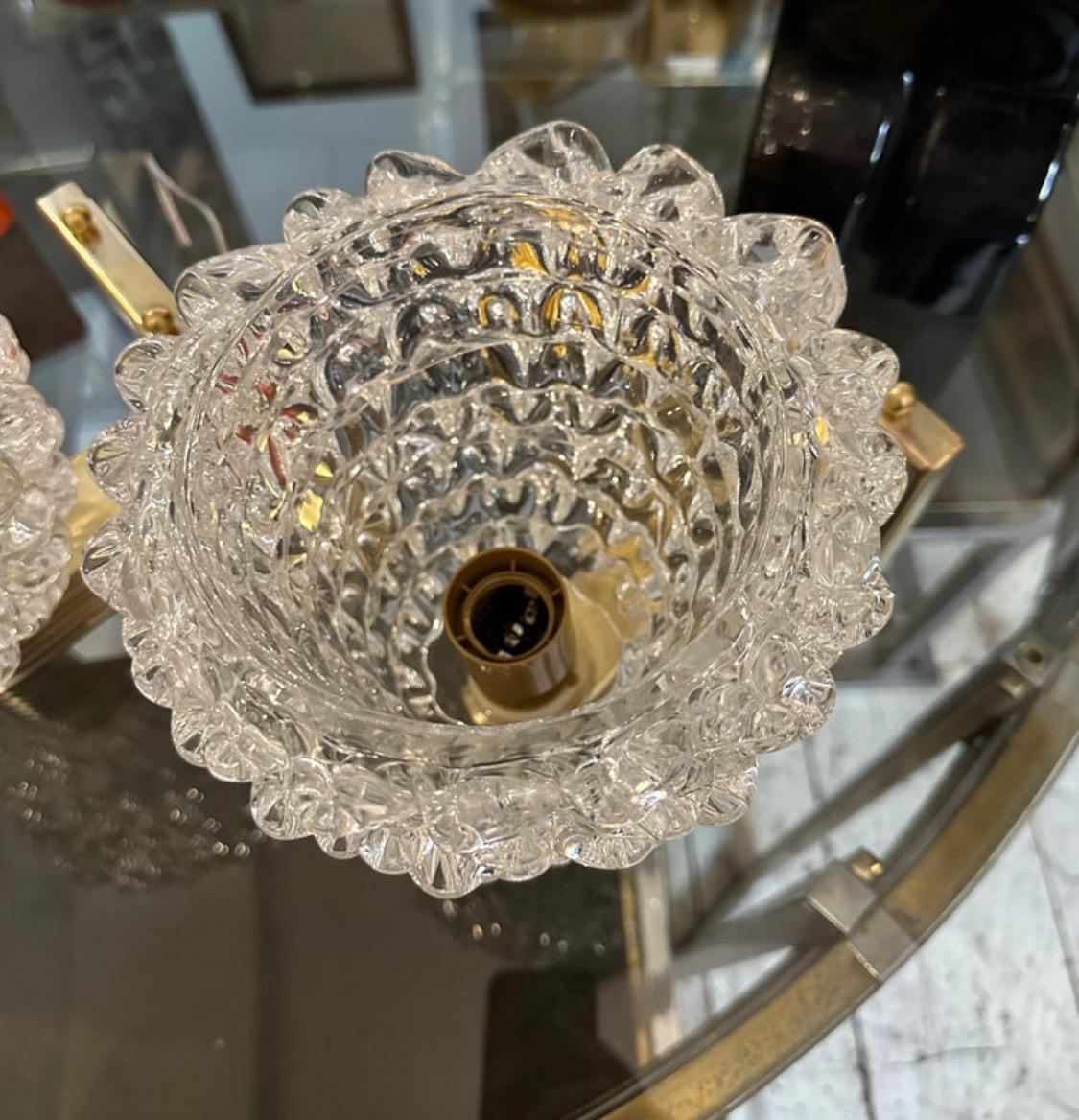 Hand-Crafted 2000s Barovier Style Art Deco Brass and Rostrato Murano Glass Wall Sconces For Sale