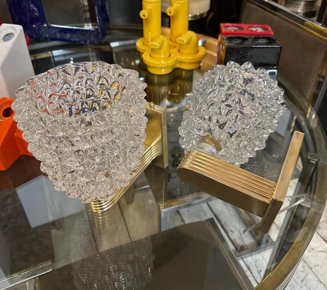 Contemporary 2000s Barovier Style Art Deco Brass and Rostrato Murano Glass Wall Sconces For Sale