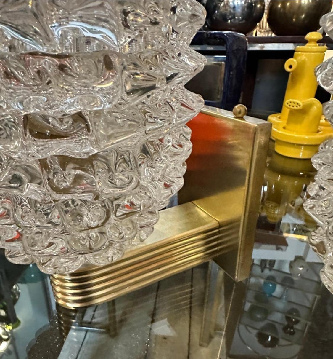 2000s Barovier Style Art Deco Brass and Rostrato Murano Glass Wall Sconces For Sale 3