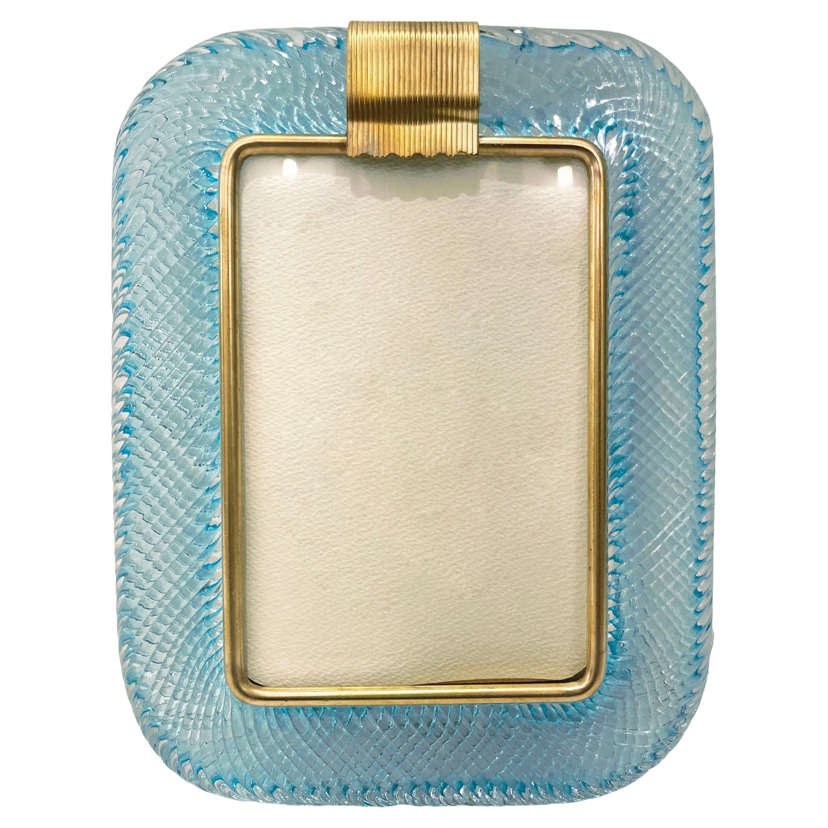 2000s Barovier Toso Italian Aquamarine Blue Murano Glass Brass Picture Frame