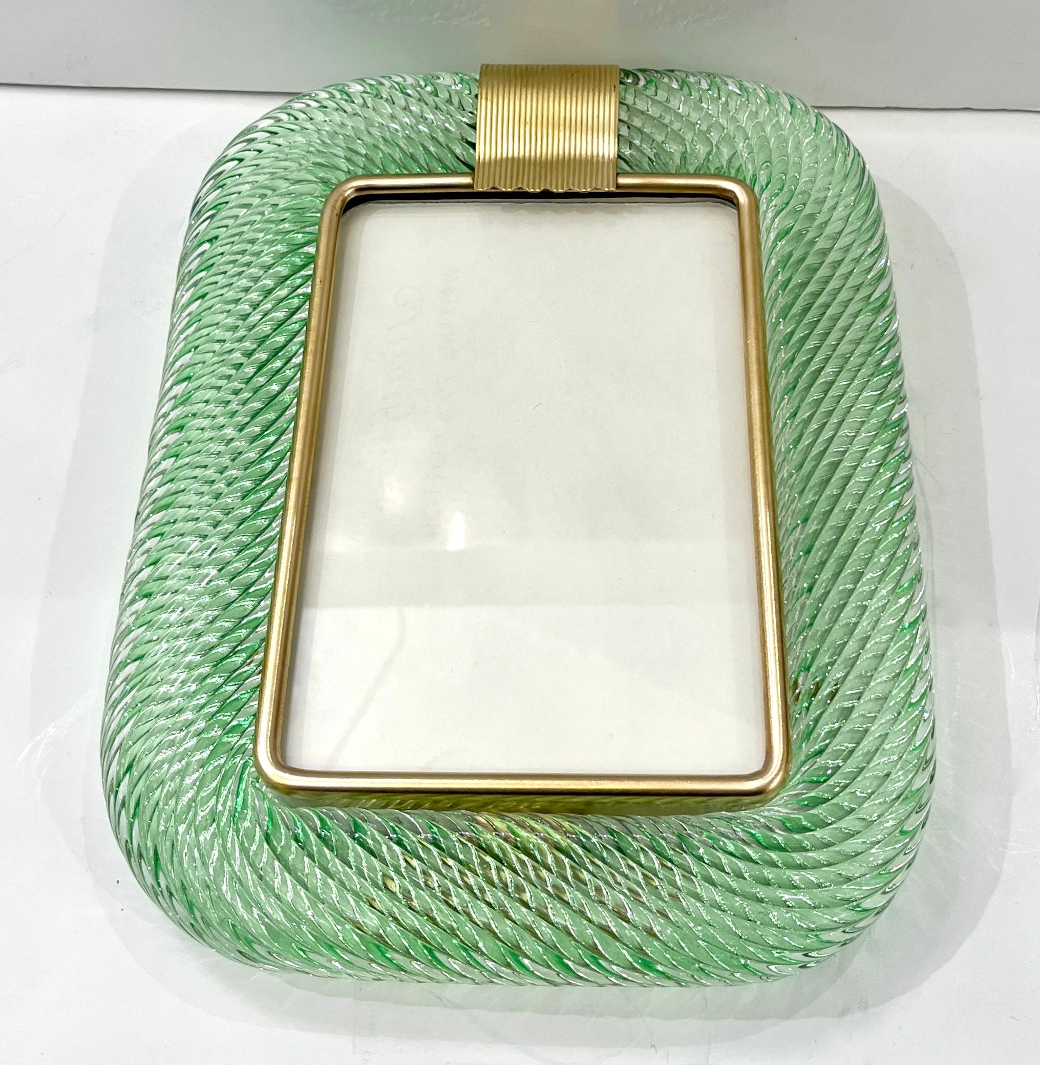 2000s Barovier Toso Italian Chartreuse Green Murano Glass Brass Picture Frame 4