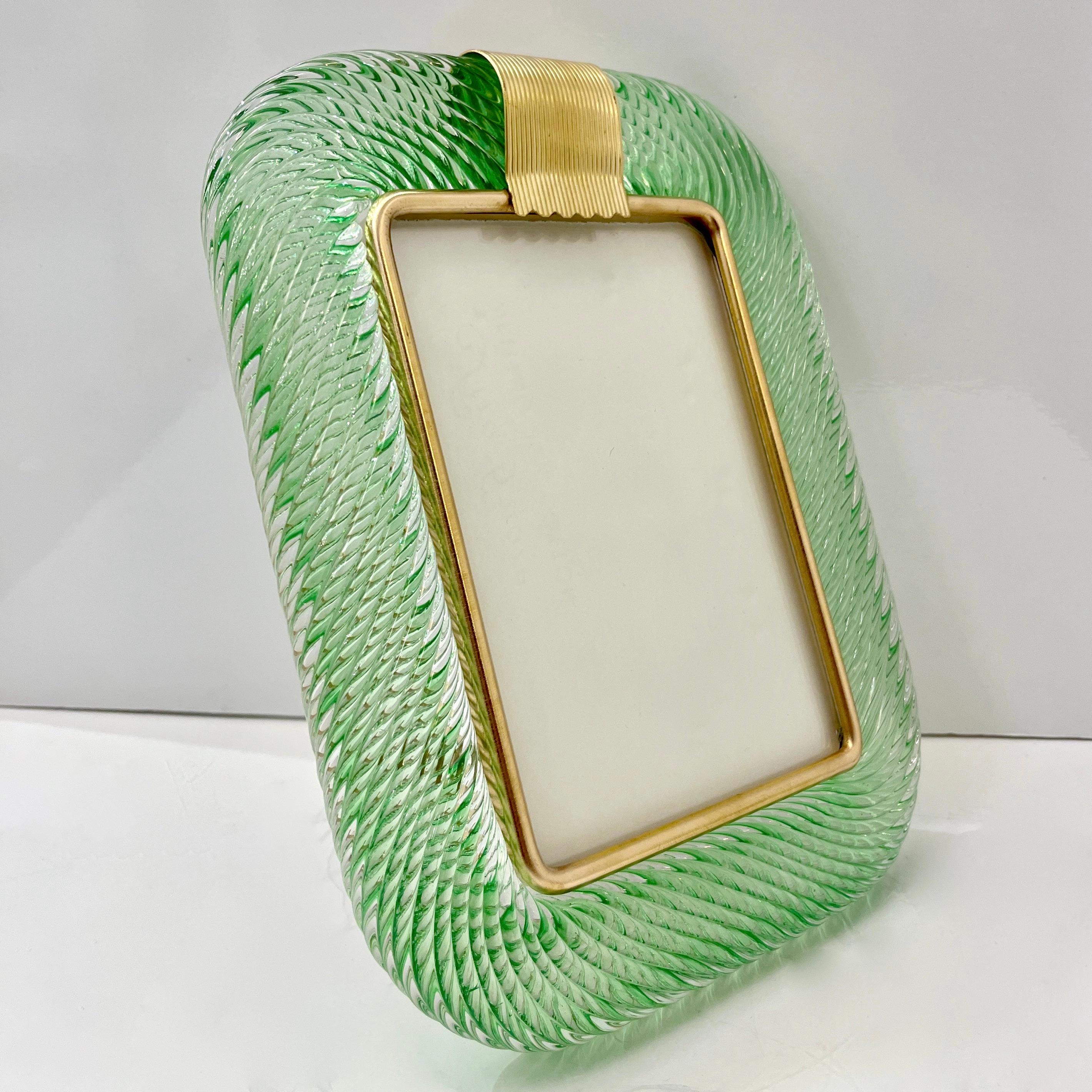 2000s Barovier Toso Italian Chartreuse Green Murano Glass Brass Picture Frame 8