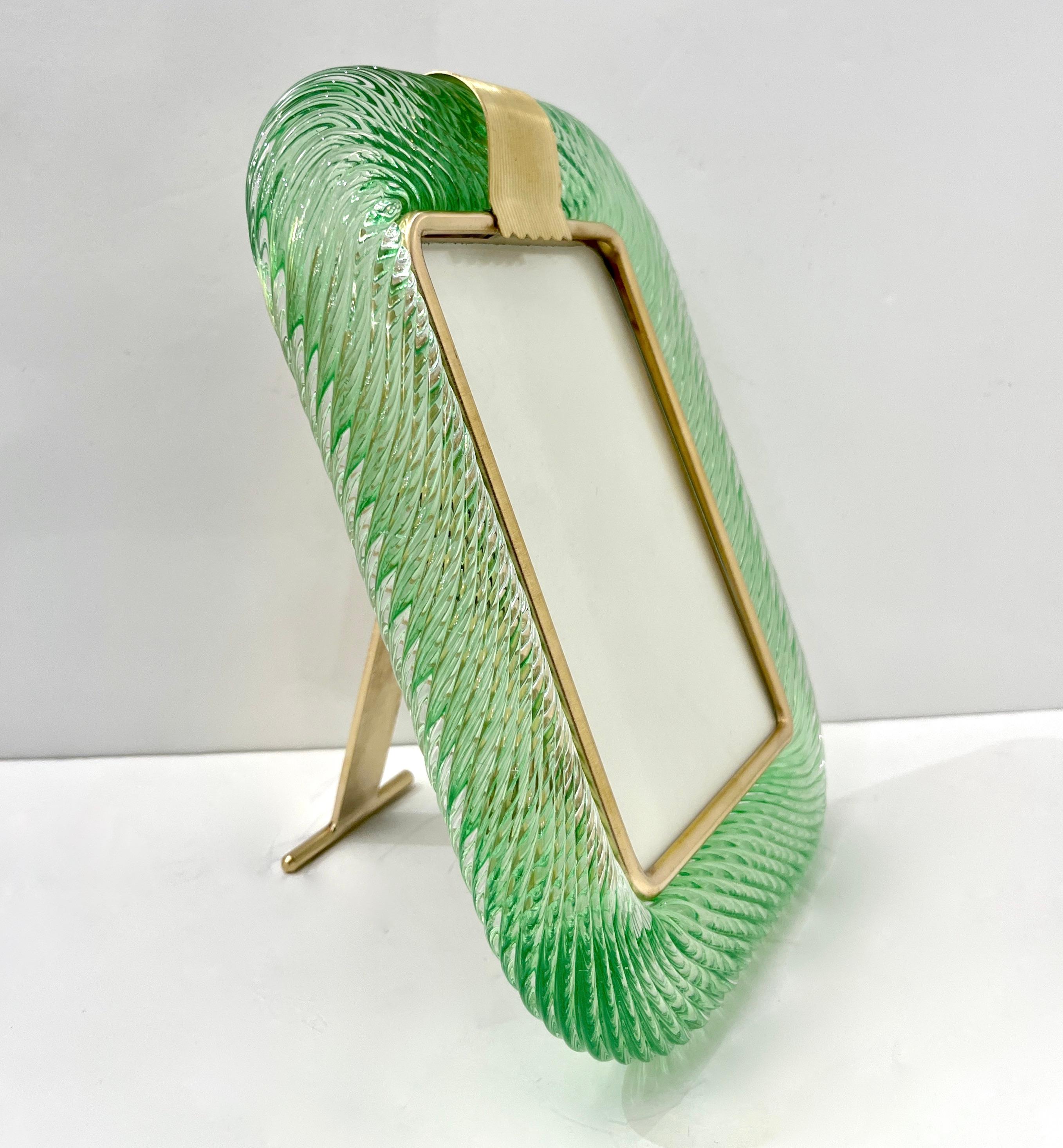 2000s Barovier Toso Italian Chartreuse Green Murano Glass Brass Picture Frame 3