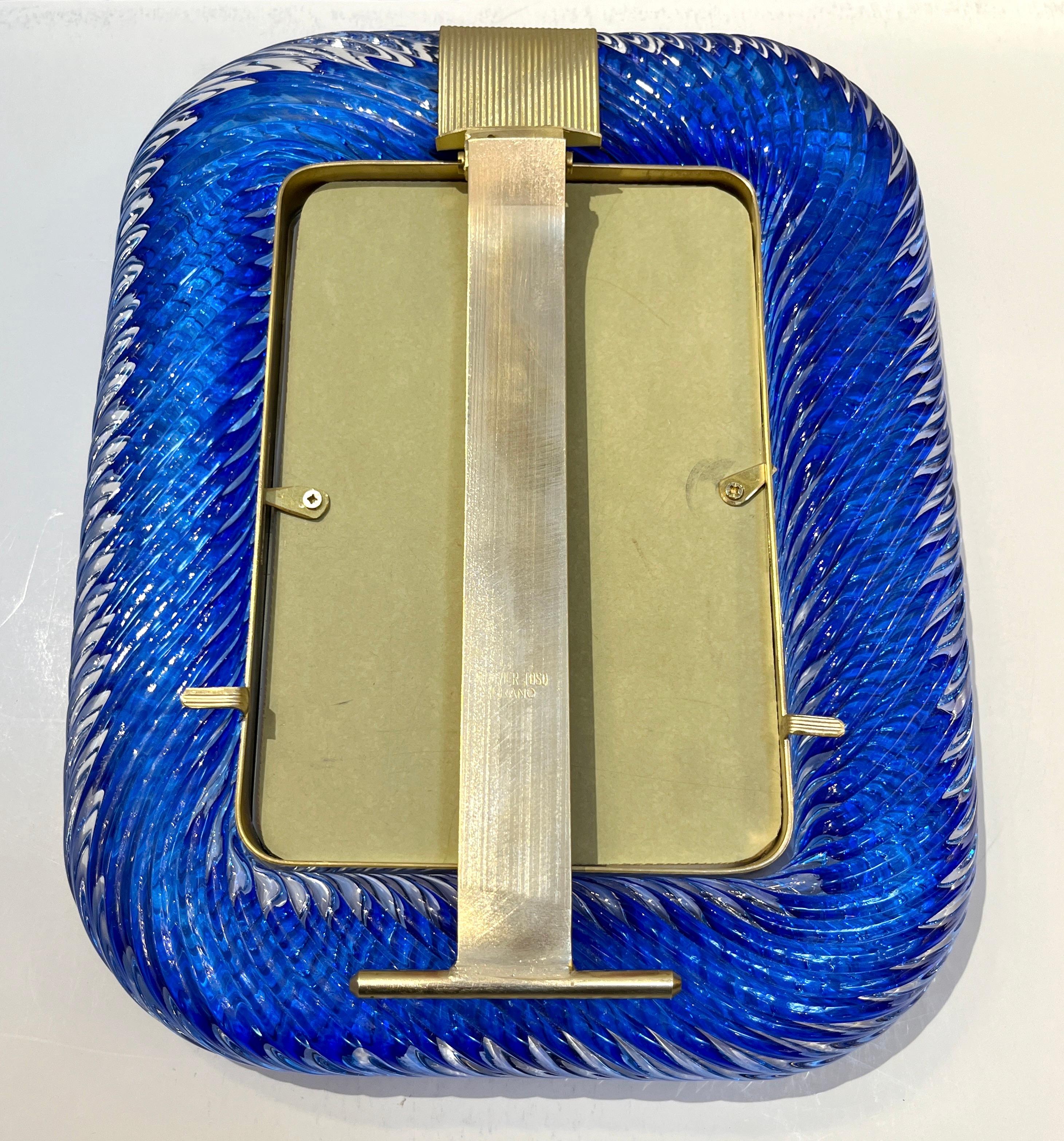 2000s Barovier Toso Italian Royal Blue Twisted Murano Glass Brass Picture Frame For Sale 7