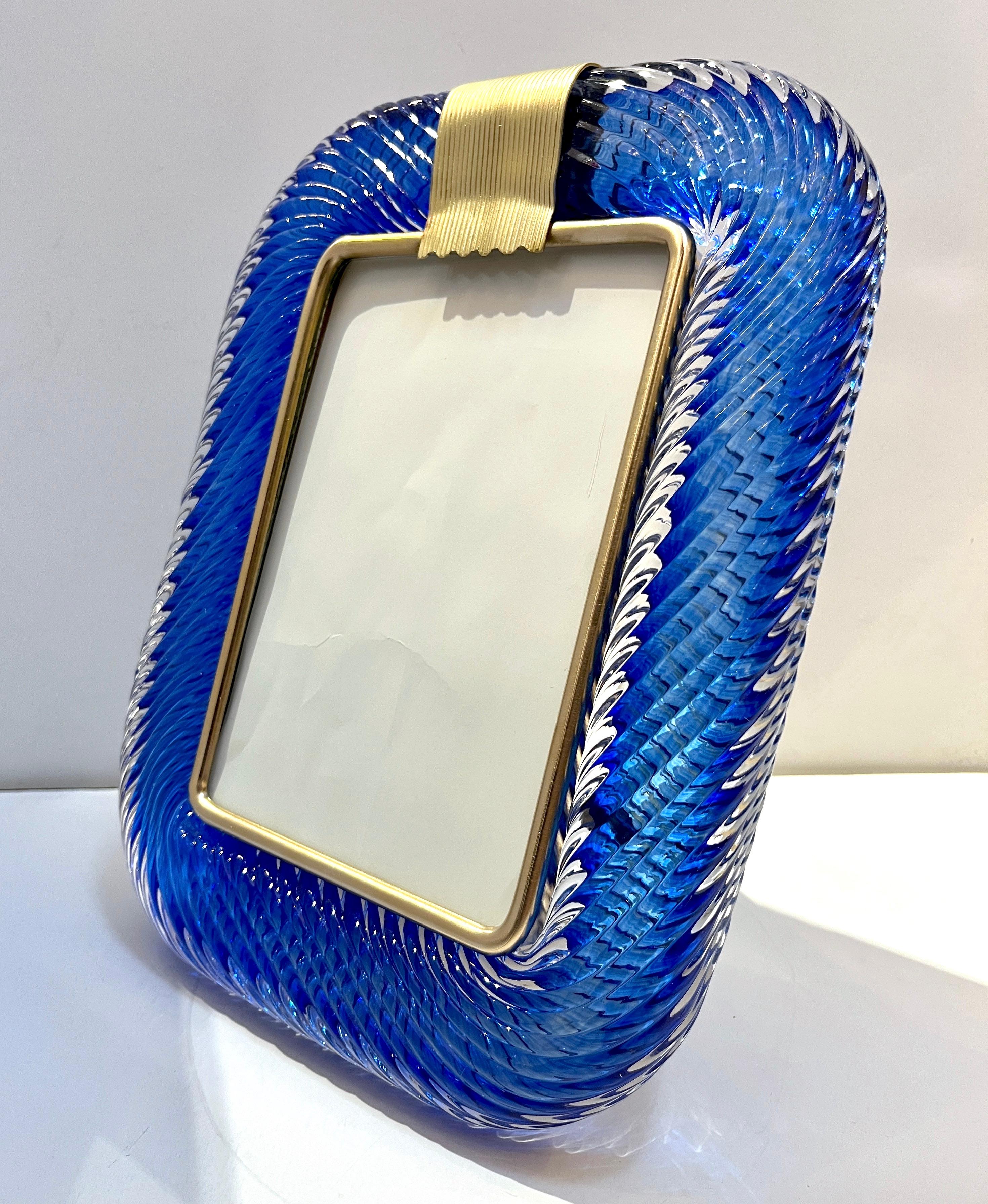 2000s Barovier Toso Italian Royal Blue Twisted Murano Glass Brass Picture Frame For Sale 2