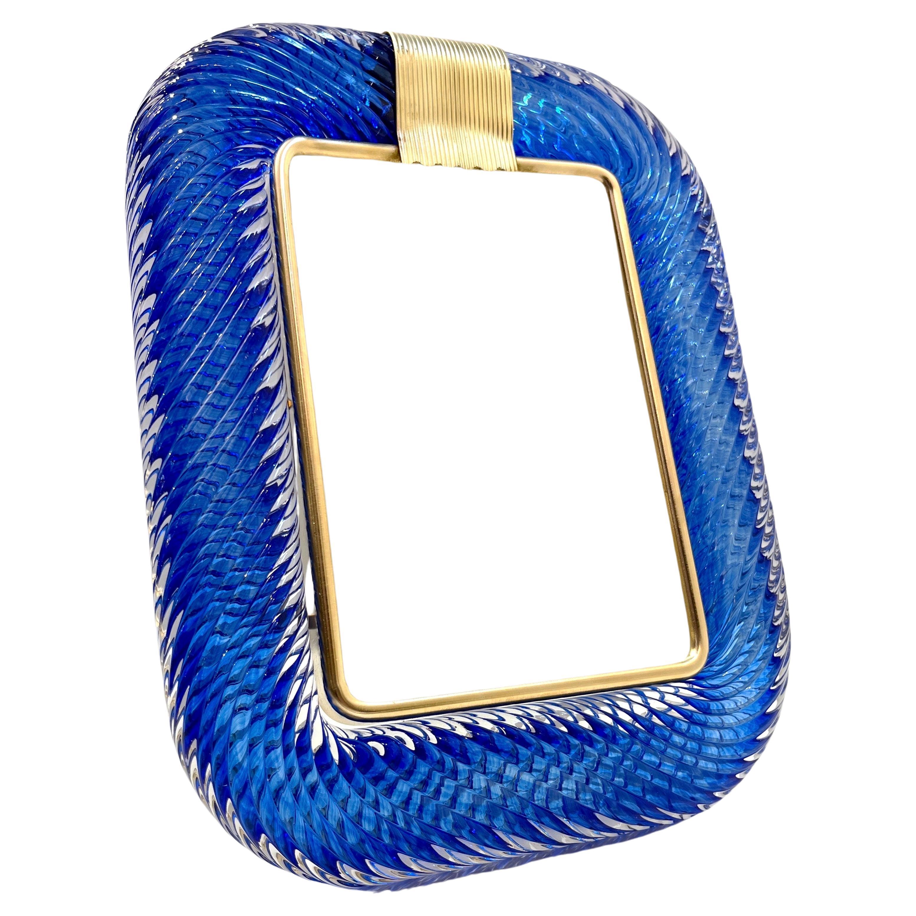 2000s Barovier Toso Italian Royal Blue Twisted Murano Glass Brass Picture Frame For Sale 3