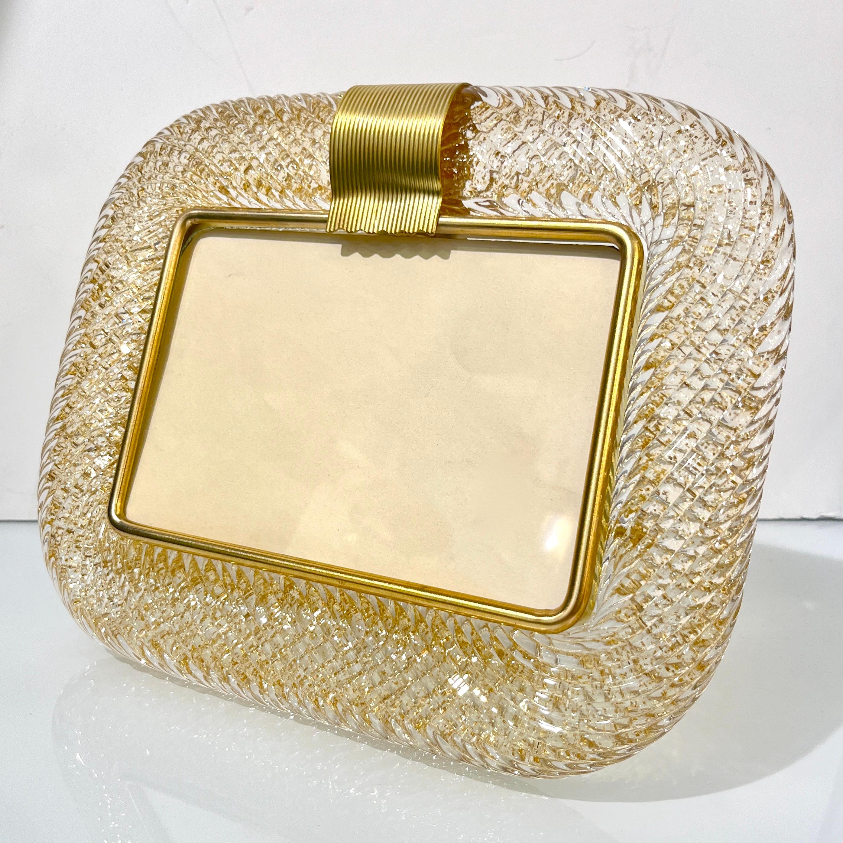 Contemporary 2000s Barovier Toso Italian Twisted Gold Leaf Murano Glass Brass Picture Frame For Sale
