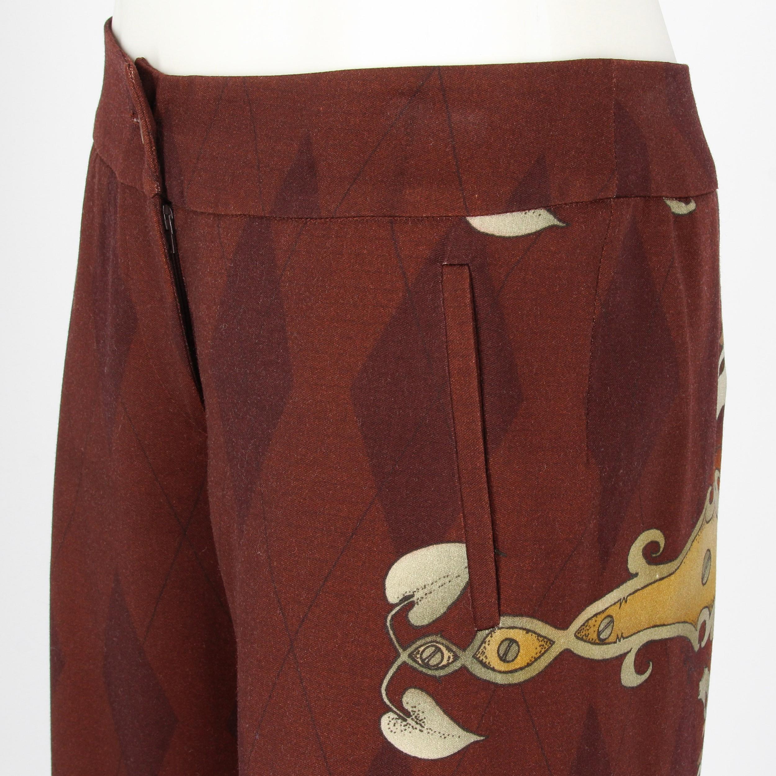 Brown 2000s Basso & Brooke Burgundy Printed Wool Trousers For Sale