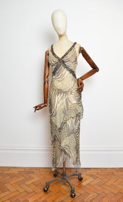 2000’s Beaded Animal Print Silk Bias Cut Asymmetric Goddess Evening Dress