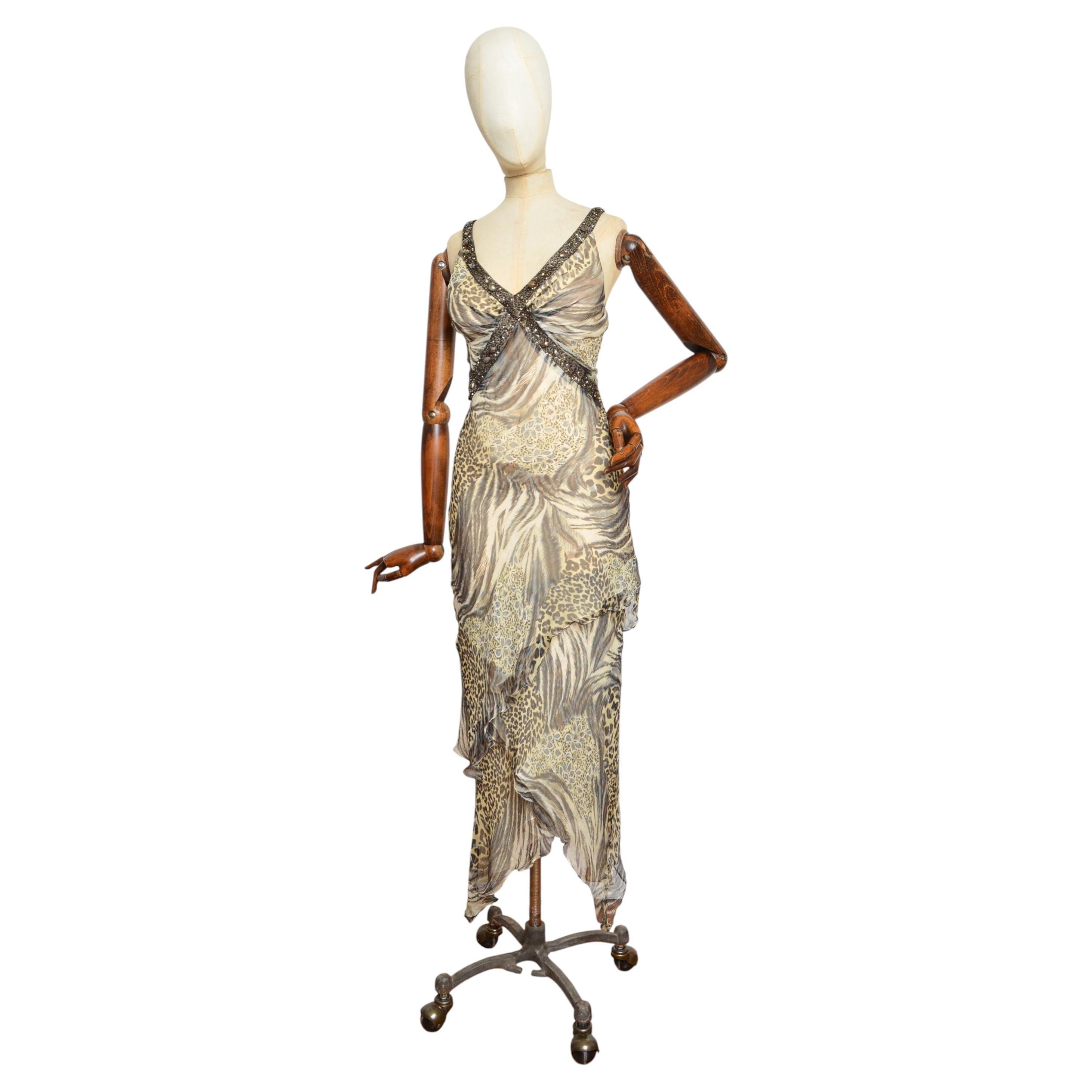 2000’s Beaded Animal Print Silk Bias Cut Asymmetric Goddess Evening Dress