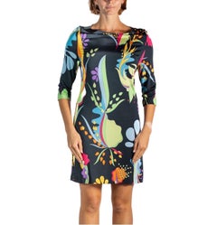 2000S Bessi Floral Print Viskose-Mischung Jersey Langarmkleid