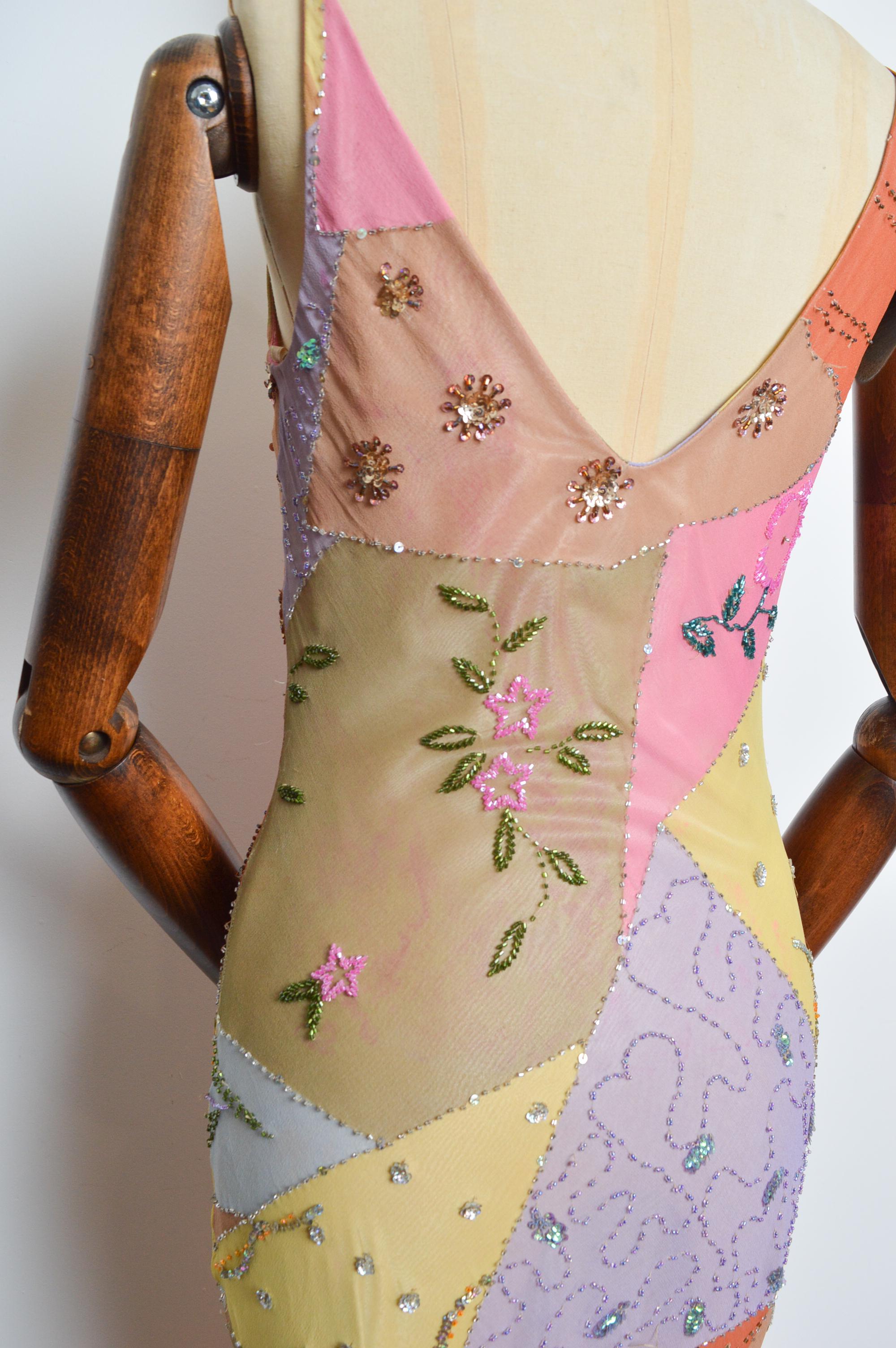 2000’s Bias Cut Silk Hand Painted Beaded Embellished Patchwork Evening Dress 5