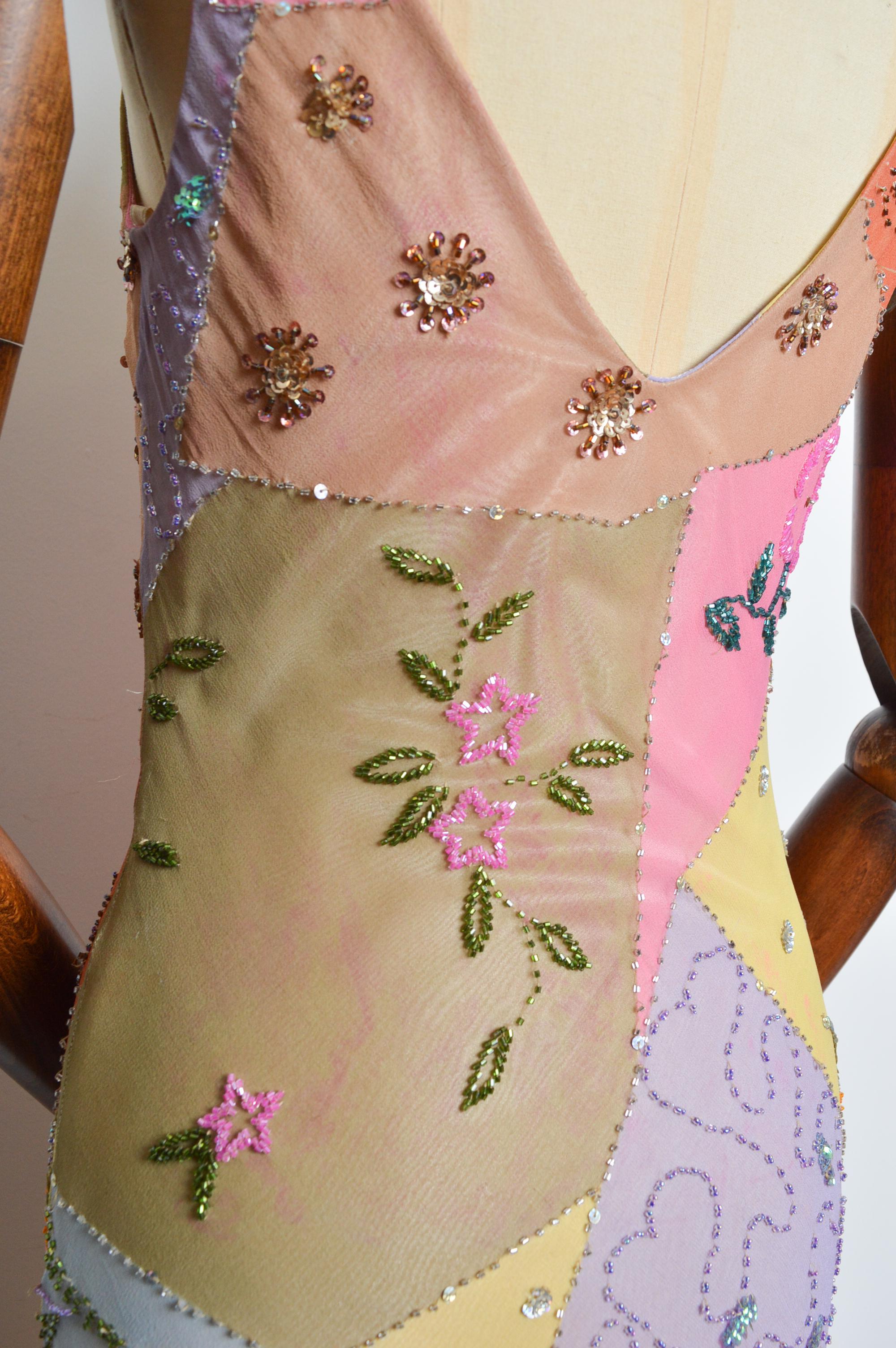 2000’s Bias Cut Silk Hand Painted Beaded Embellished Patchwork Evening Dress 8