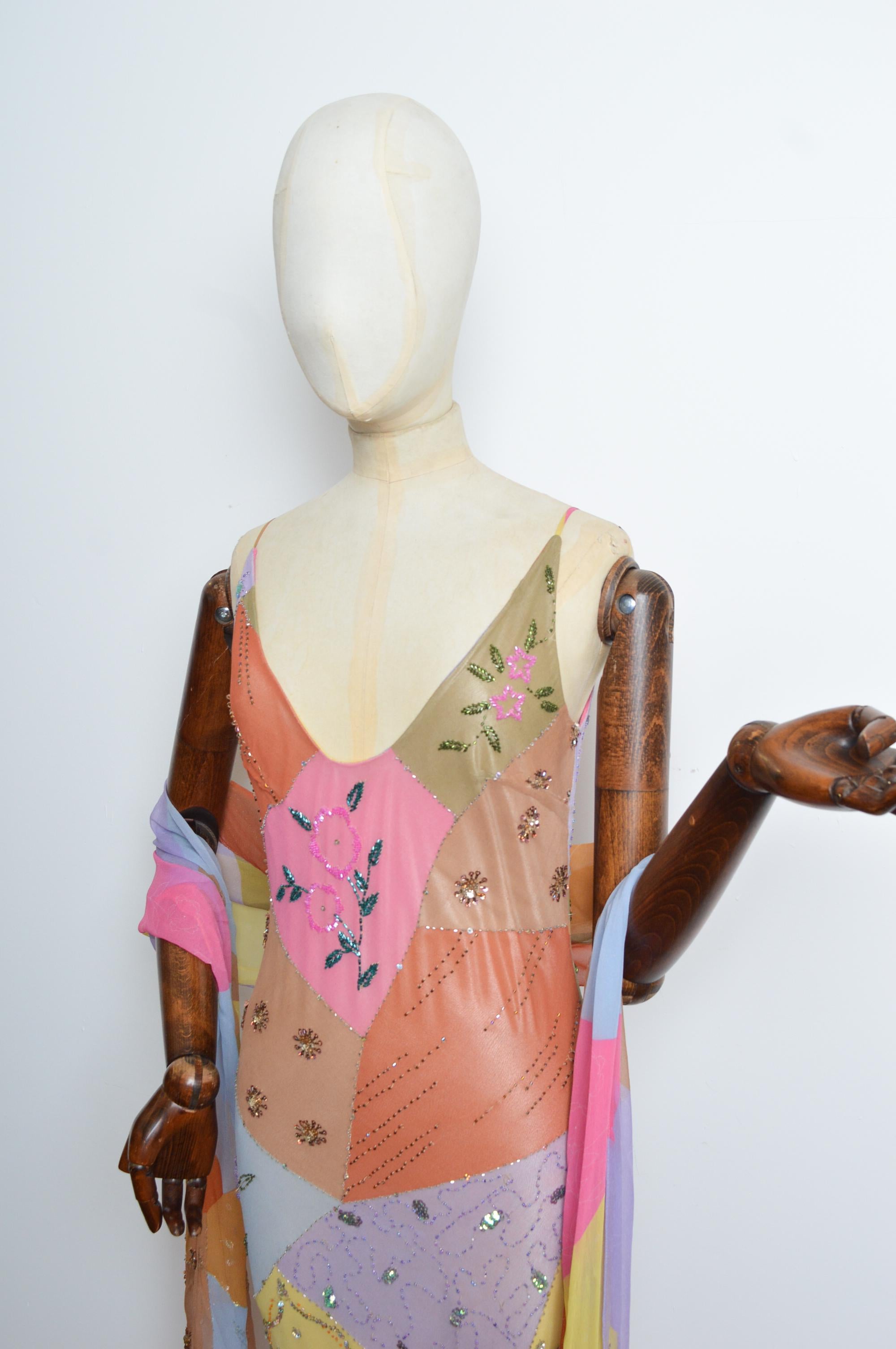 Brown 2000’s Bias Cut Silk Hand Painted Beaded Embellished Patchwork Evening Dress