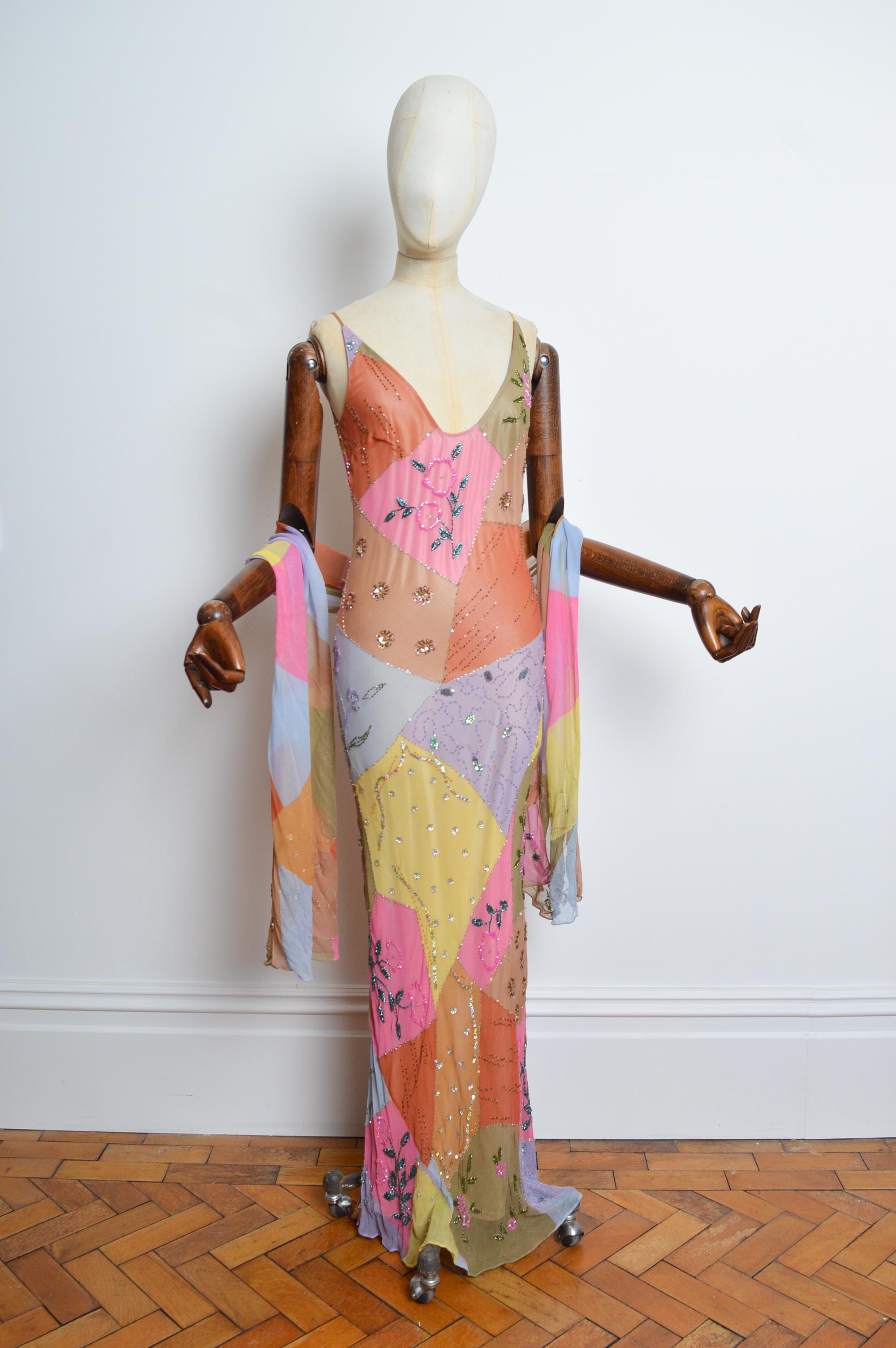 2000’s Bias Cut Silk Hand Painted Beaded Embellished Patchwork Evening Dress In Good Condition In Sheffield, GB