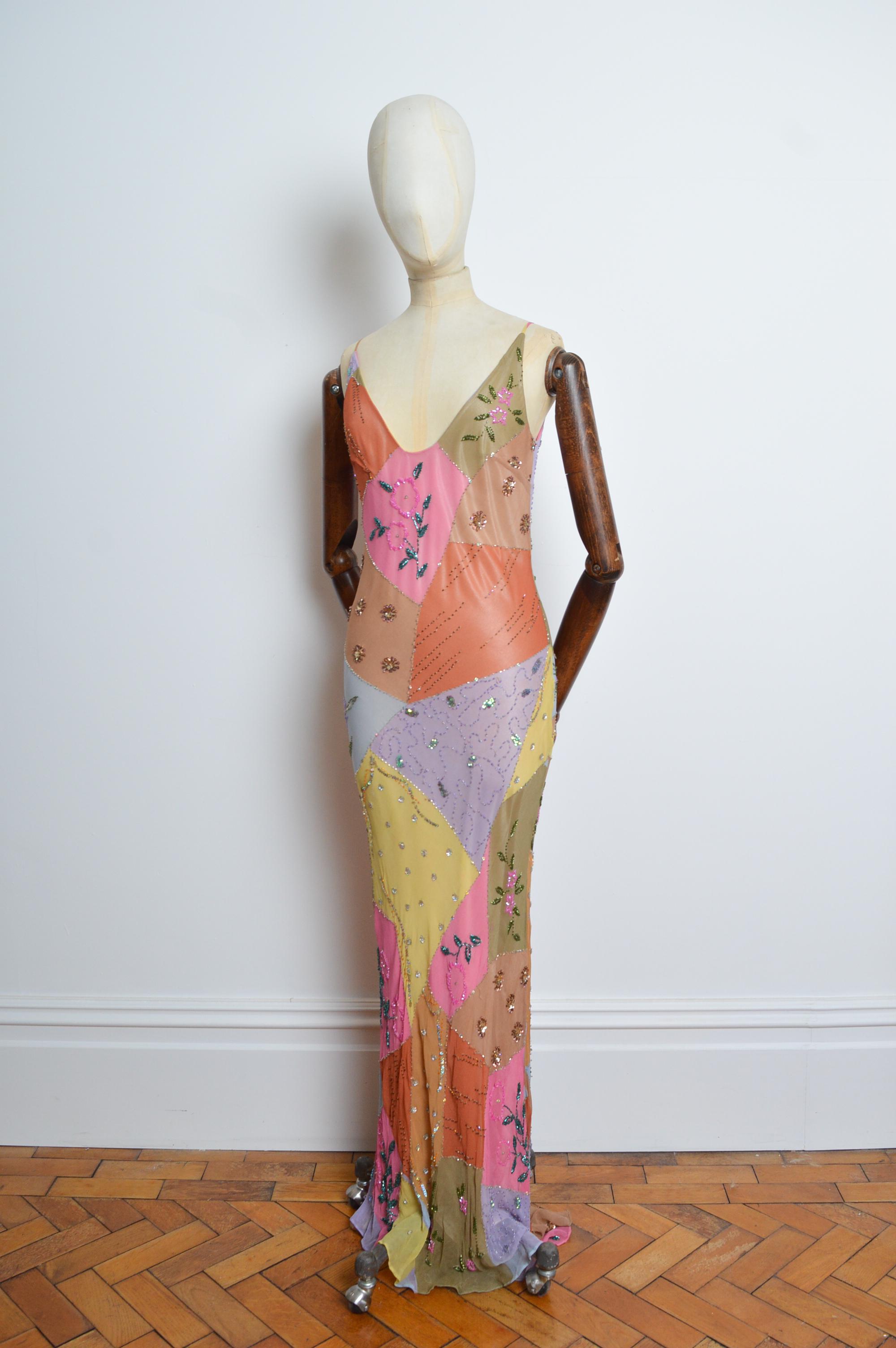 Women's 2000’s Bias Cut Silk Hand Painted Beaded Embellished Patchwork Evening Dress