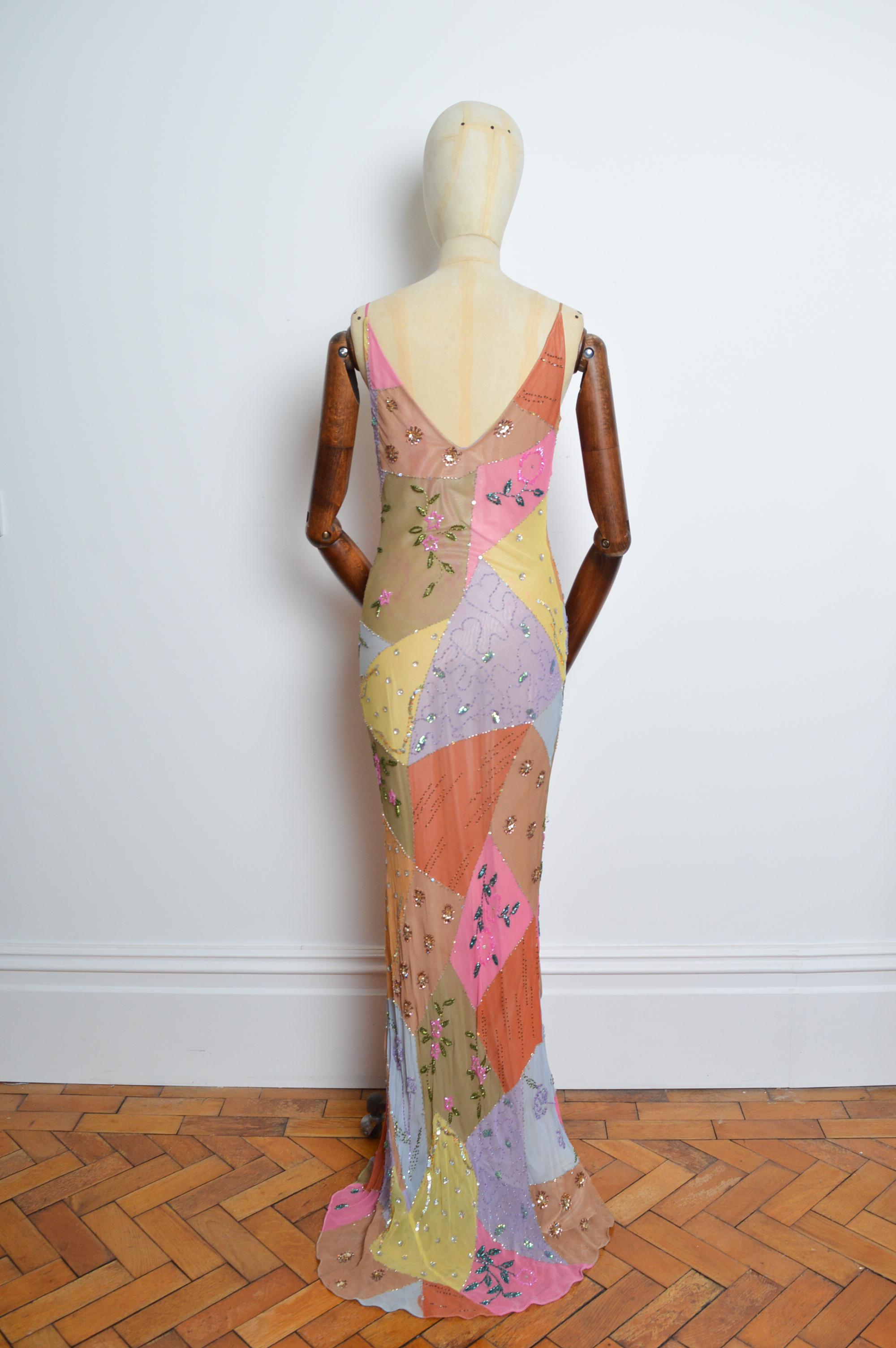 2000’s Bias Cut Silk Hand Painted Beaded Embellished Patchwork Evening Dress 2