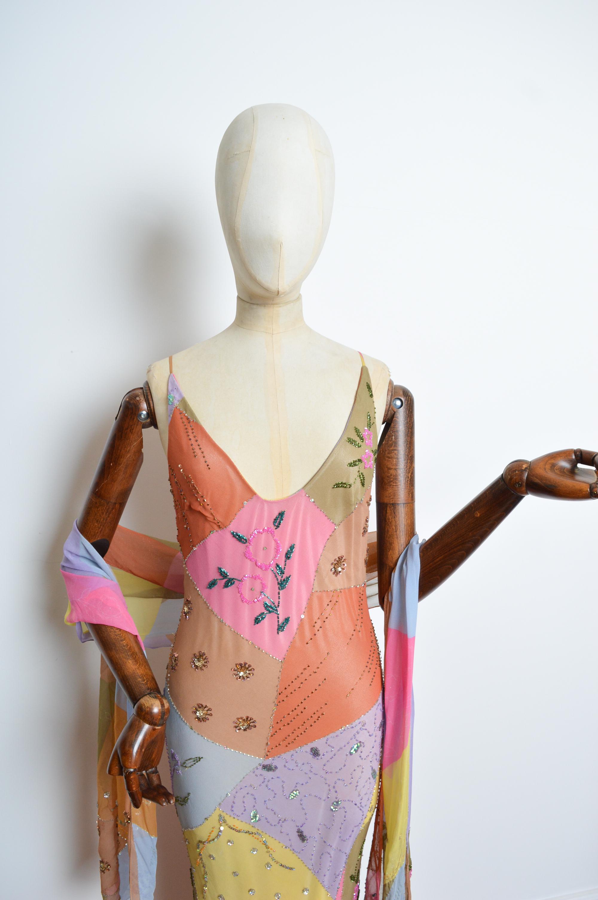 2000’s Bias Cut Silk Hand Painted Beaded Embellished Patchwork Evening Dress 3