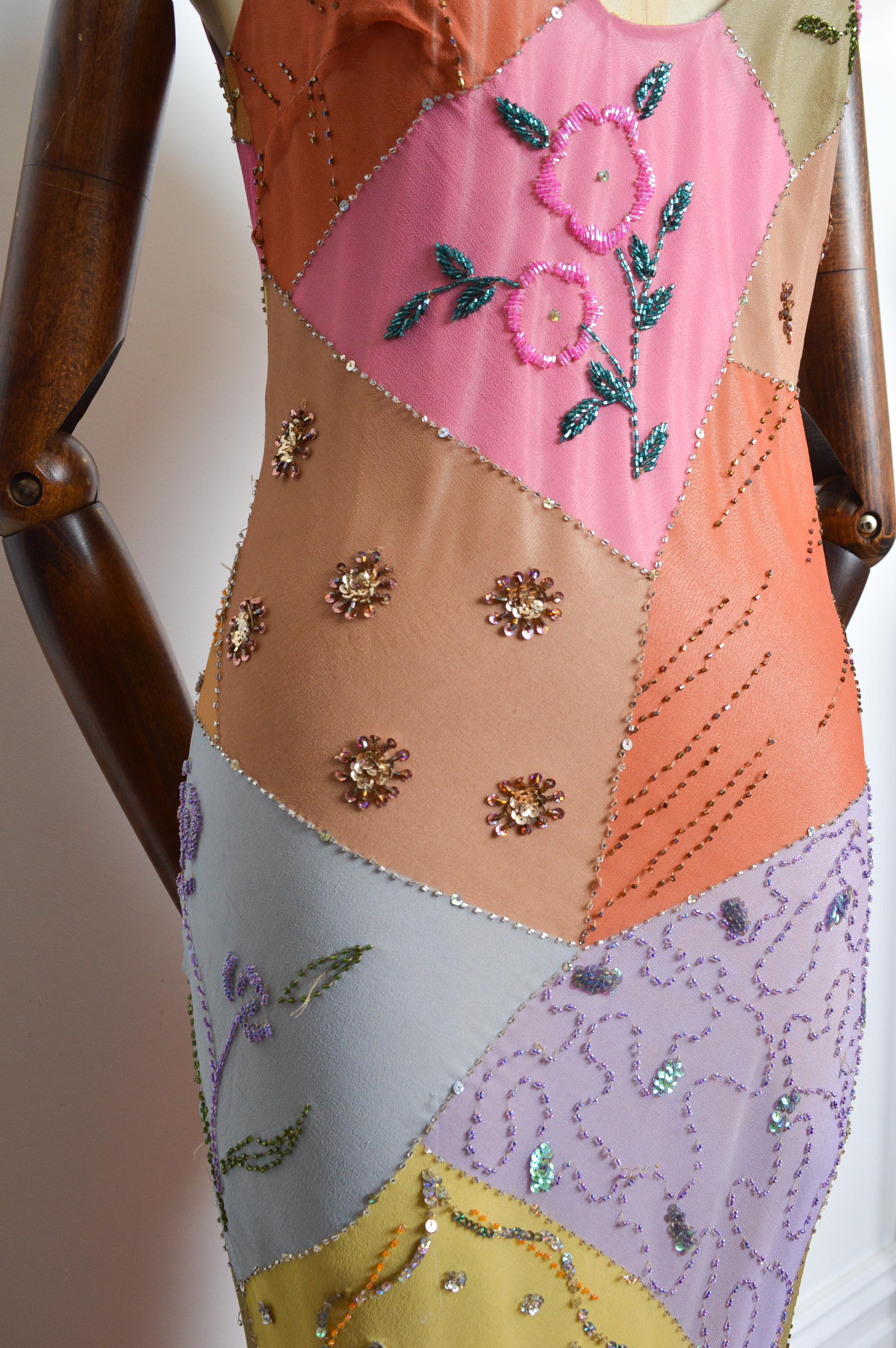2000’s Bias Cut Silk Hand Painted Beaded Embellished Patchwork Evening Dress 4