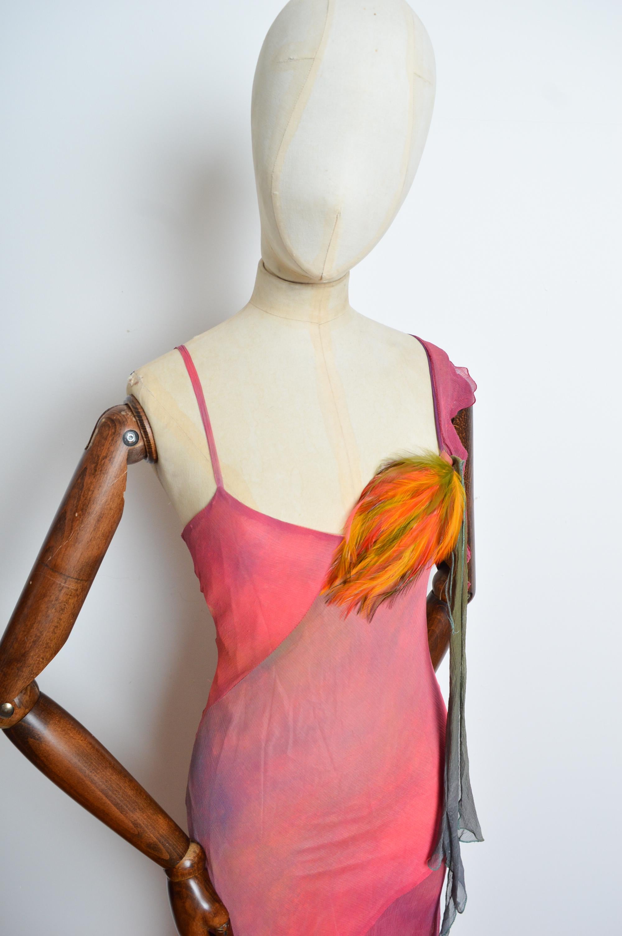 2000’s Bias Cut Silk Hand Painted Feather Embellished Ruffle Evening Dress 5