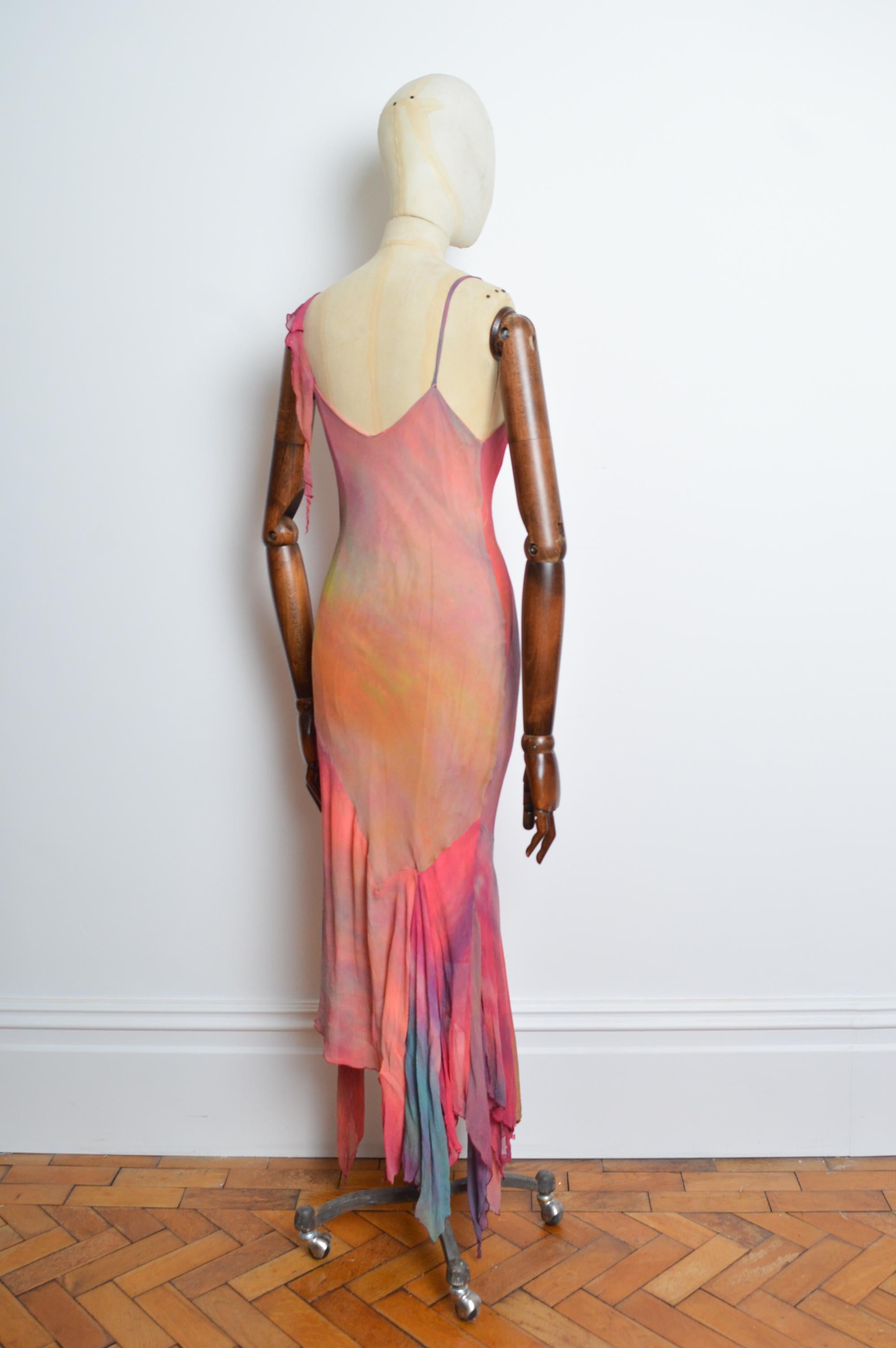 2000’s Bias Cut Silk Hand Painted Feather Embellished Ruffle Evening Dress 8