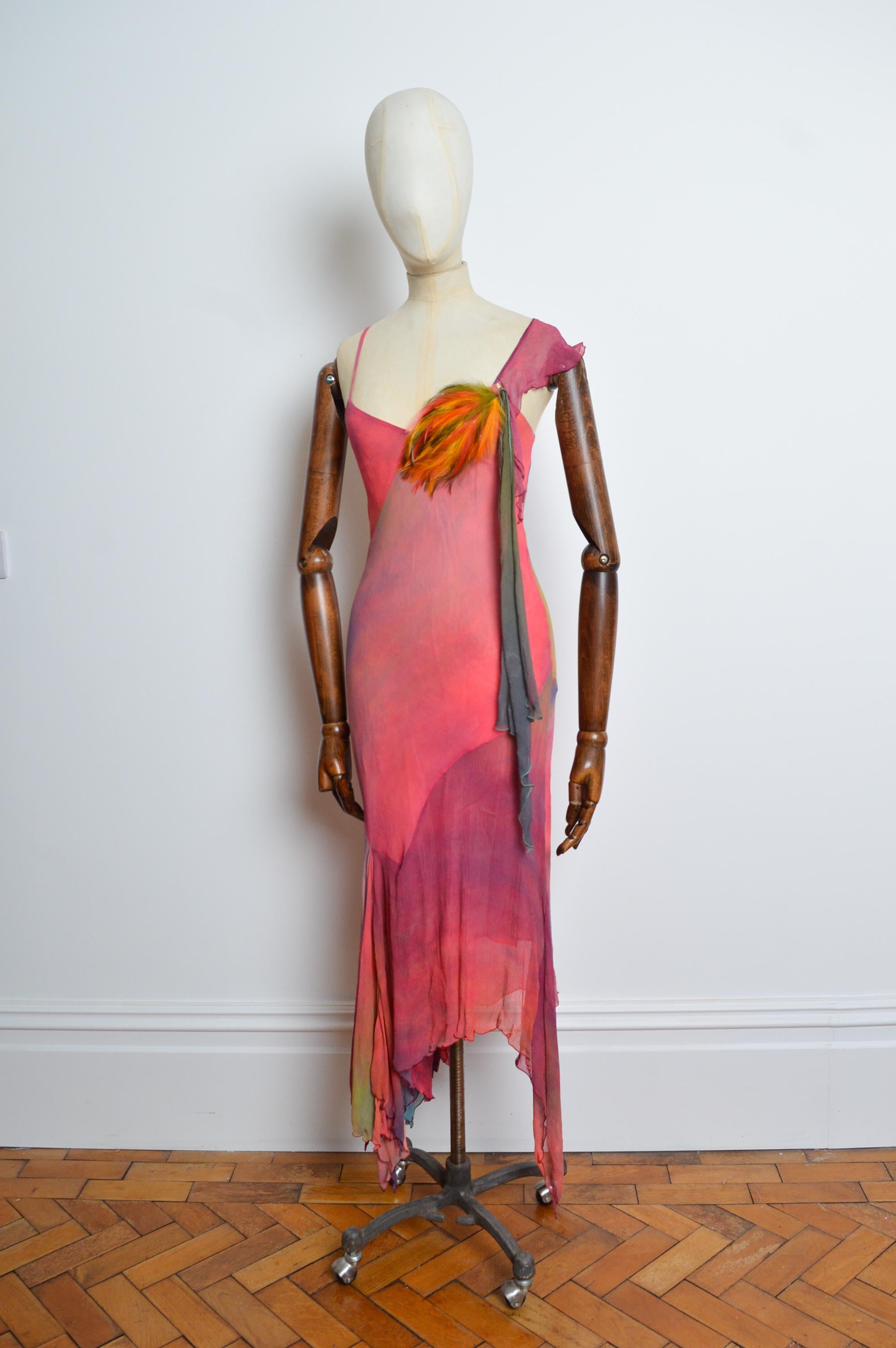 2000’s Bias Cut Silk Hand Painted Feather Embellished Ruffle Evening Dress 9