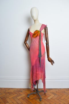 2000’s Bias Cut Silk Hand Painted Feather Embellished Ruffle Evening Dress
