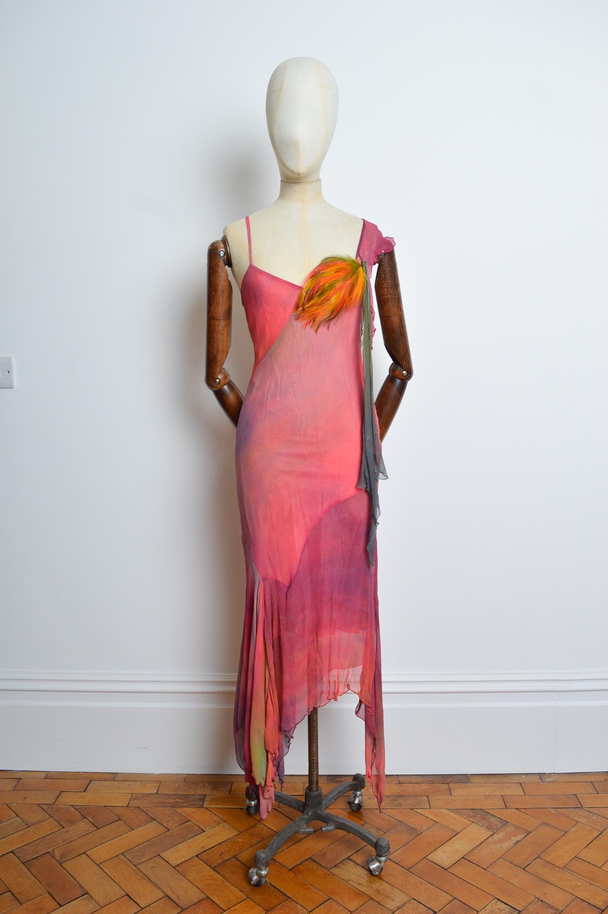 Pink 2000’s Bias Cut Silk Hand Painted Feather Embellished Ruffle Evening Dress