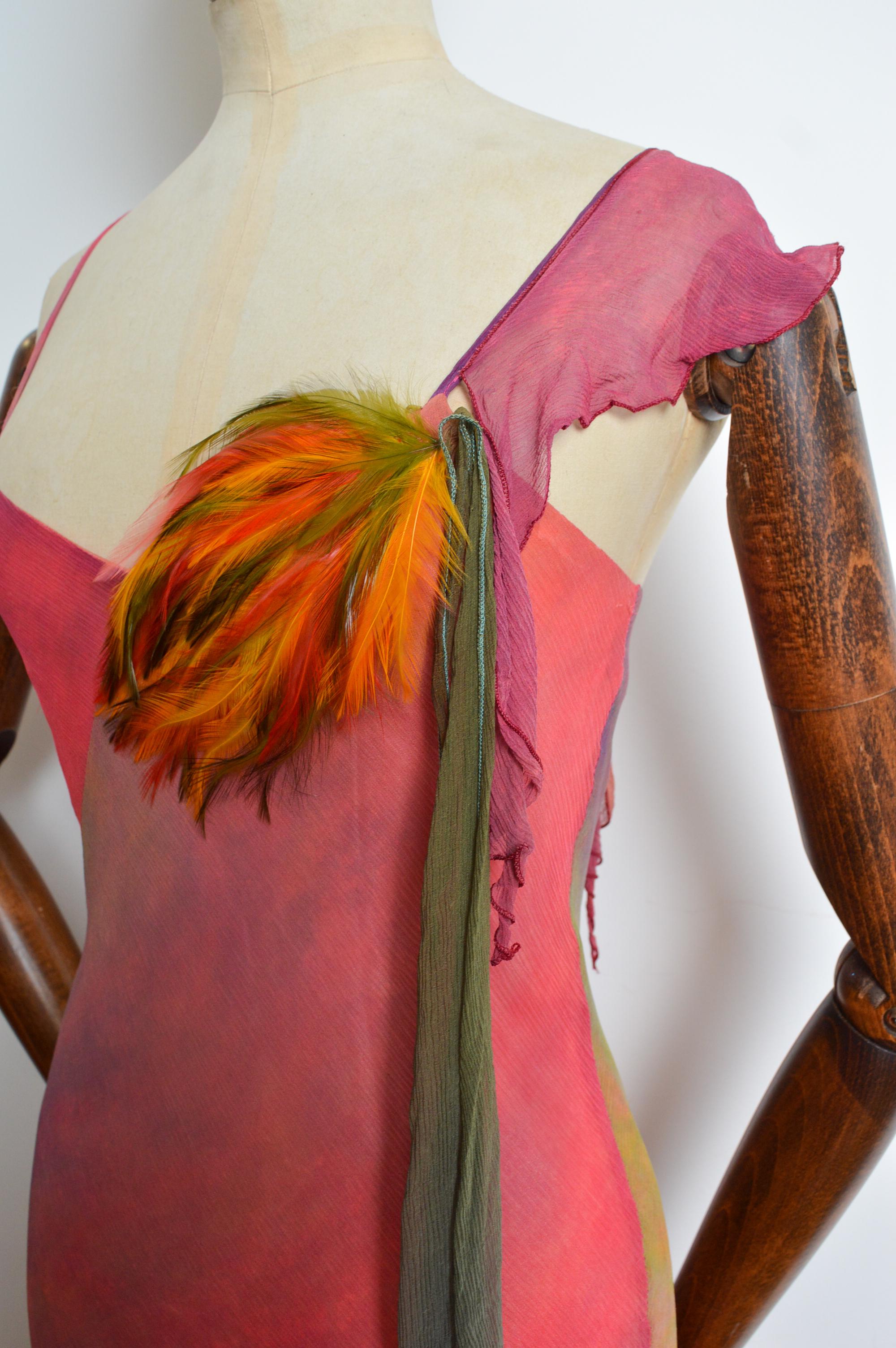 2000’s Bias Cut Silk Hand Painted Feather Embellished Ruffle Evening Dress In Good Condition In Sheffield, GB