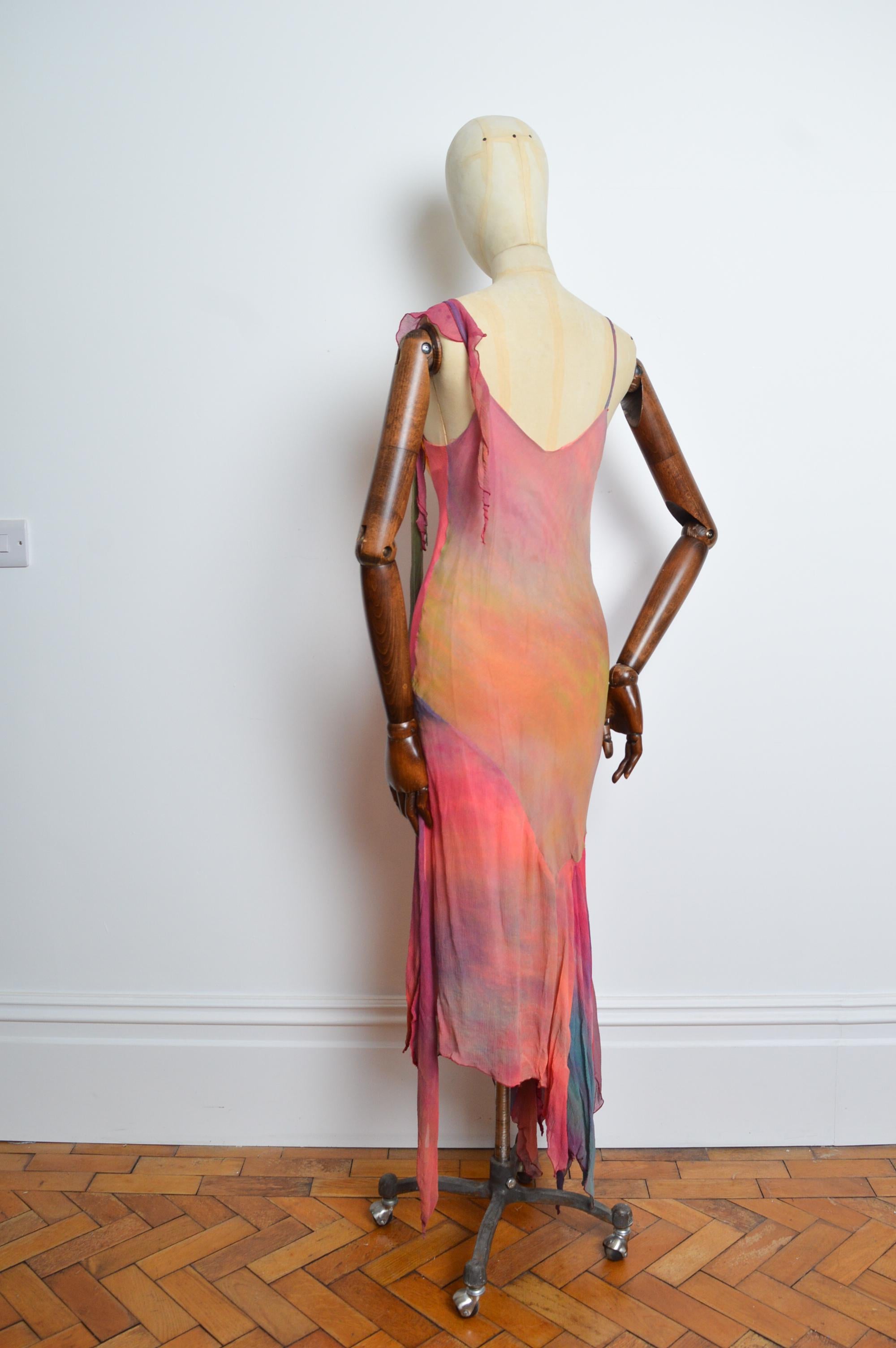 2000’s Bias Cut Silk Hand Painted Feather Embellished Ruffle Evening Dress 2