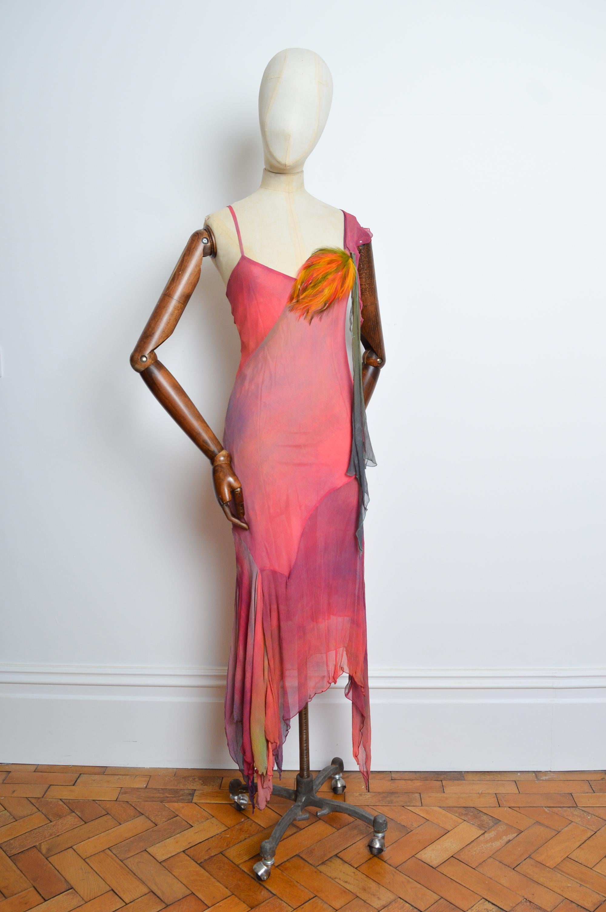 2000’s Bias Cut Silk Hand Painted Feather Embellished Ruffle Evening Dress 4