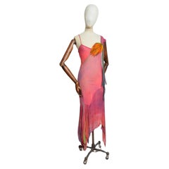 2000’s Bias Cut Silk Hand Painted Feather Embellished Ruffle Evening Dress