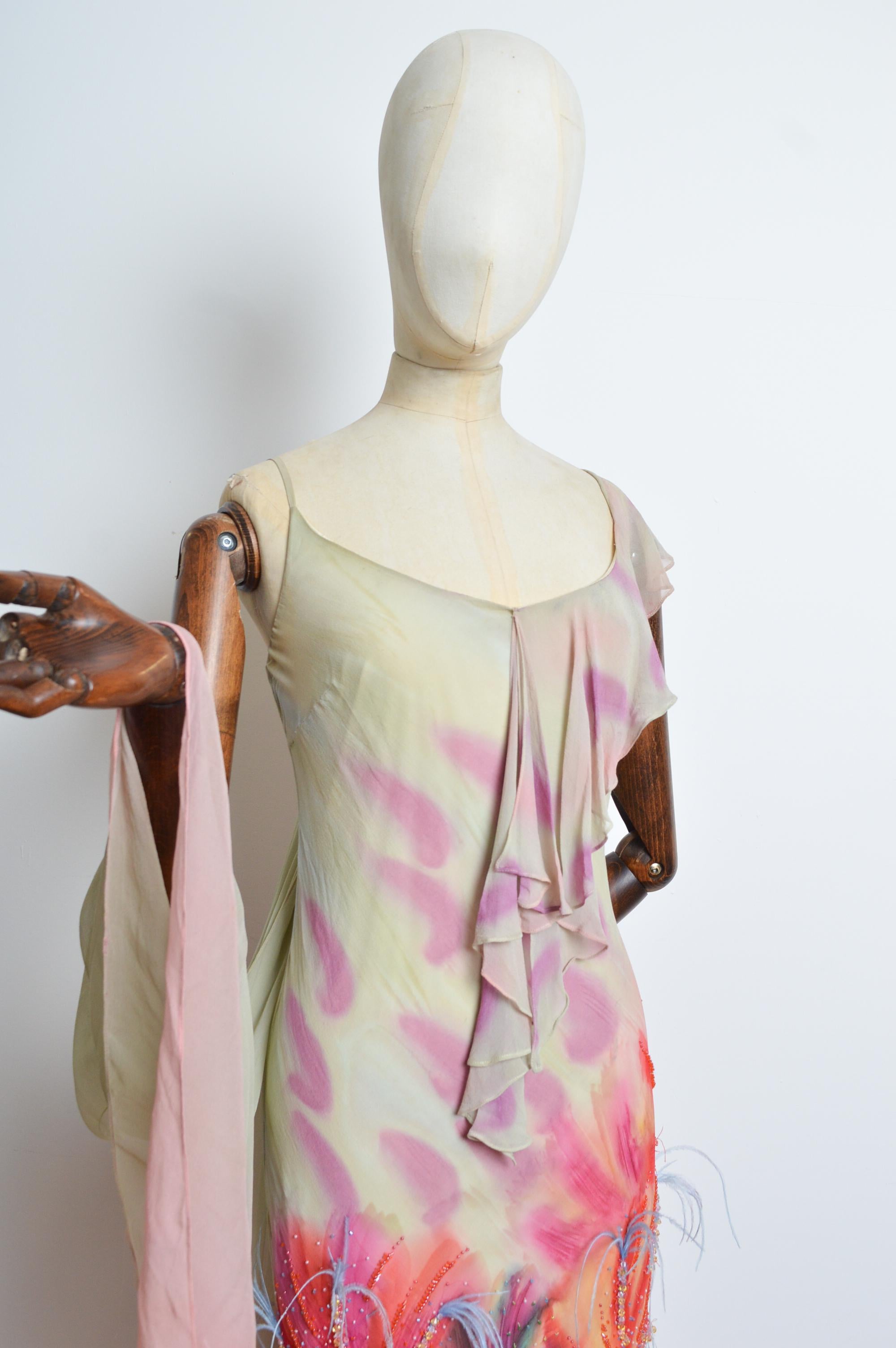 2000’s Bias Cut Silk Ostrich Feather Embellished Ruffle Evening Dress with Shawl 5