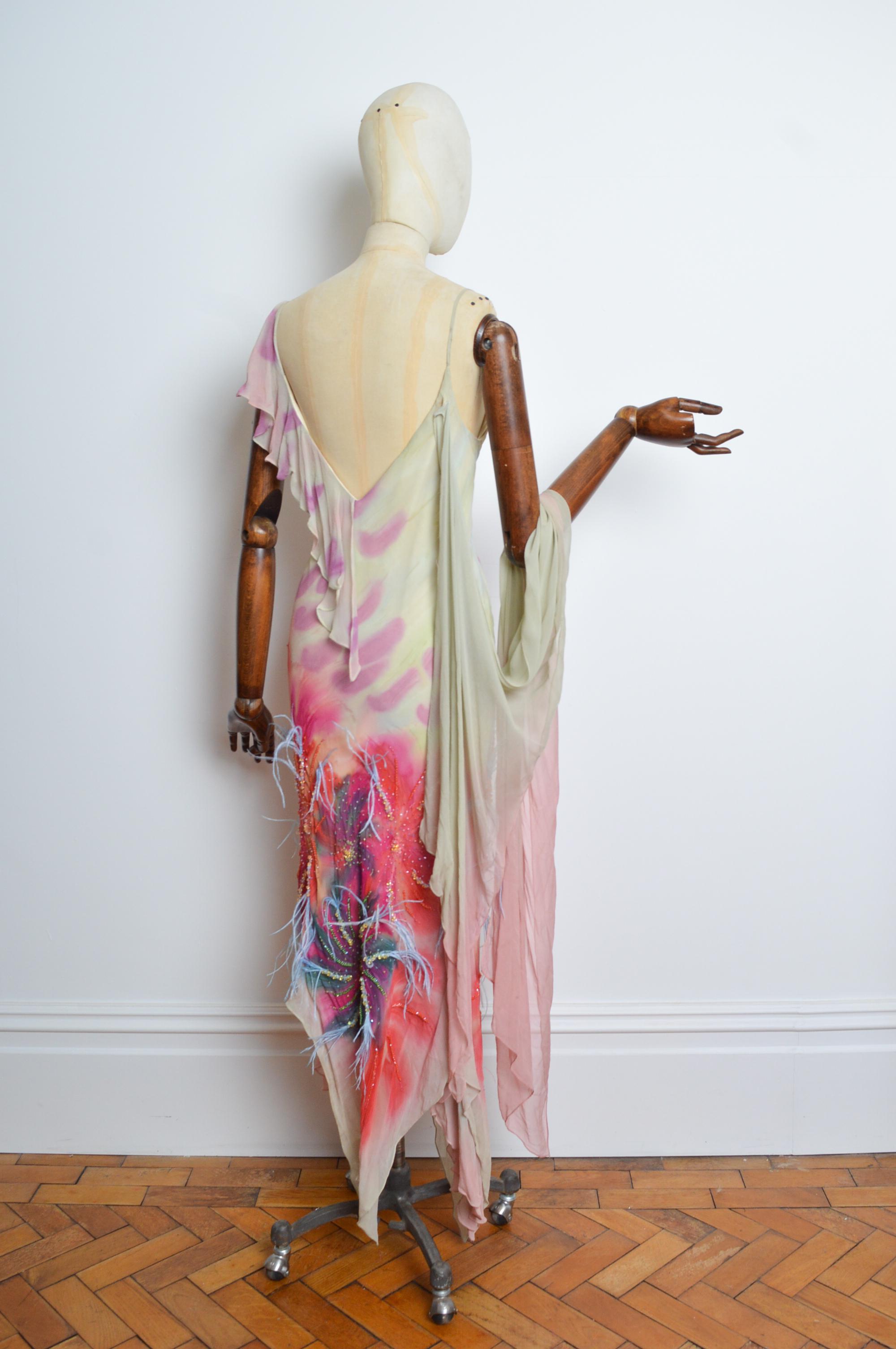 2000’s Bias Cut Silk Ostrich Feather Embellished Ruffle Evening Dress with Shawl 6