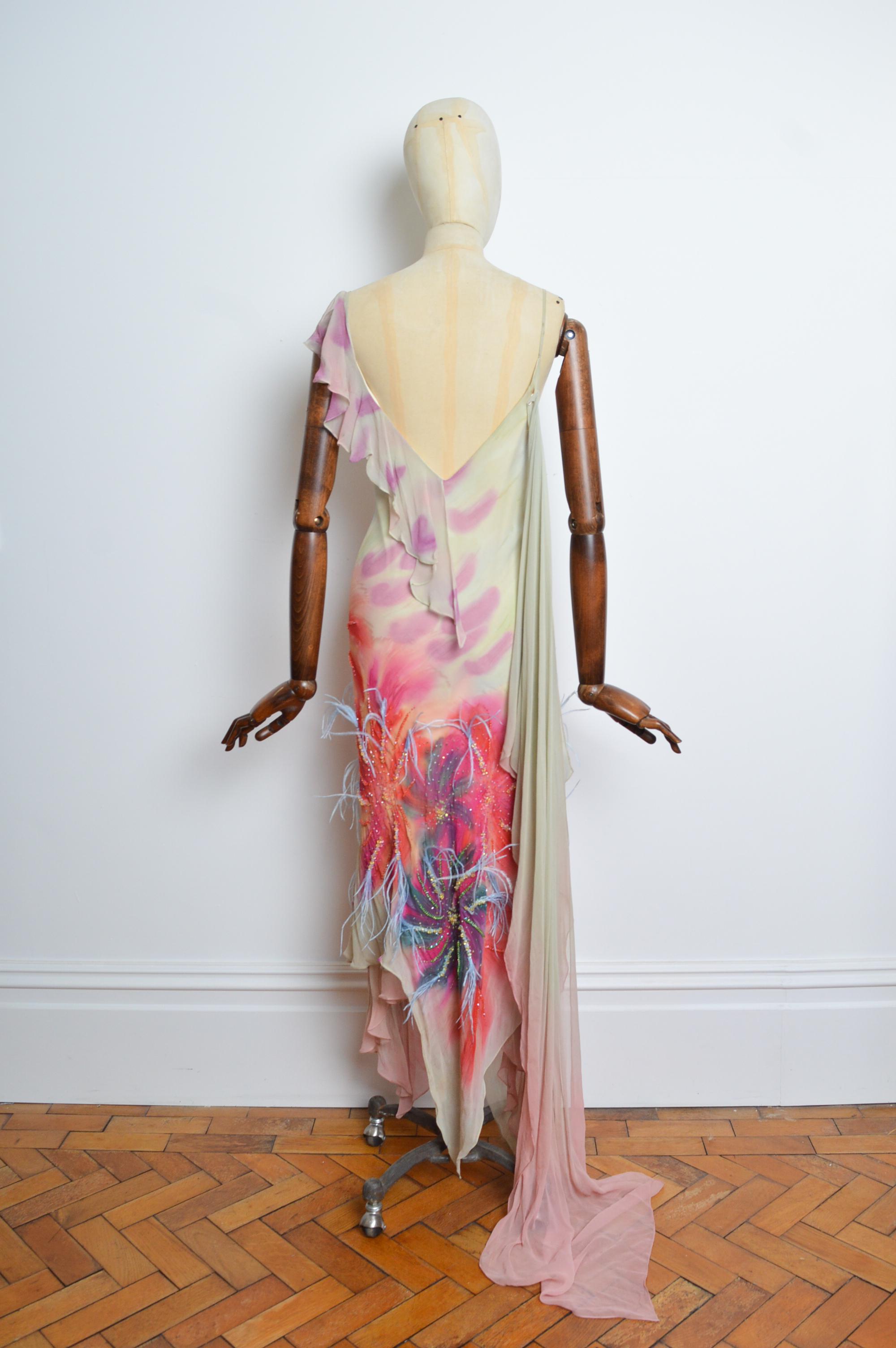 2000’s Bias Cut Silk Ostrich Feather Embellished Ruffle Evening Dress with Shawl 8