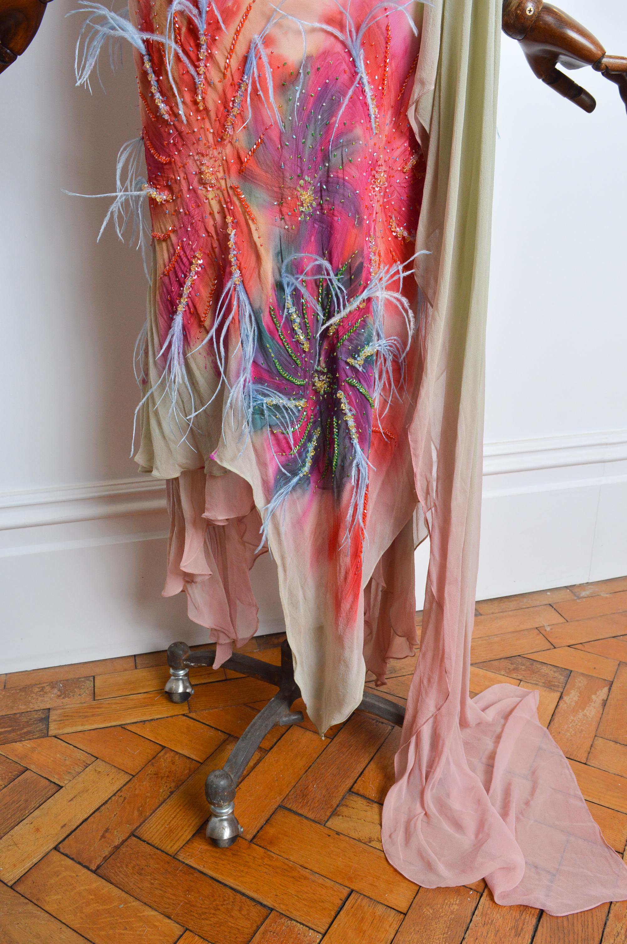 2000’s Bias Cut Silk Ostrich Feather Embellished Ruffle Evening Dress with Shawl 9