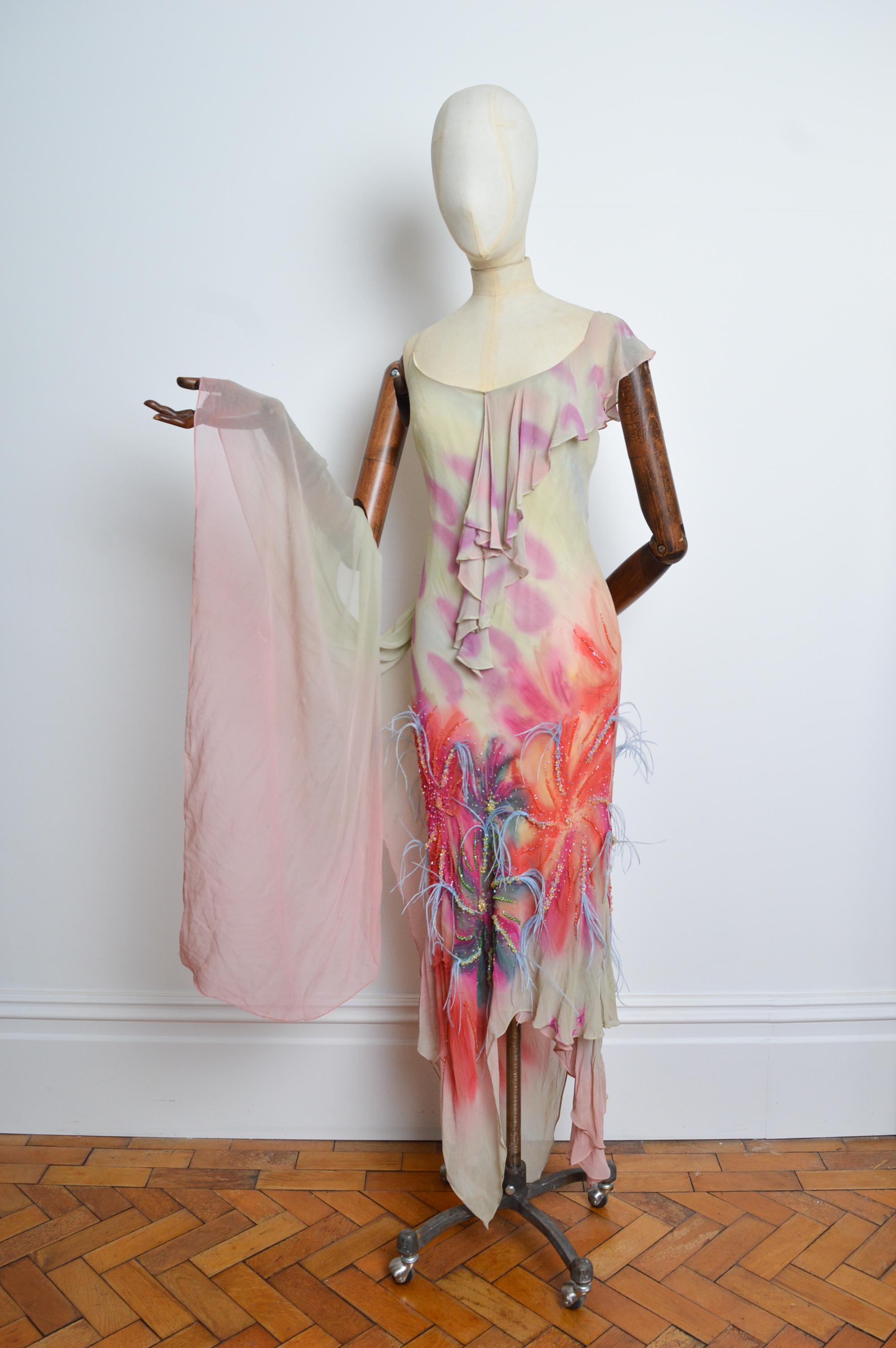 Beige 2000’s Bias Cut Silk Ostrich Feather Embellished Ruffle Evening Dress with Shawl