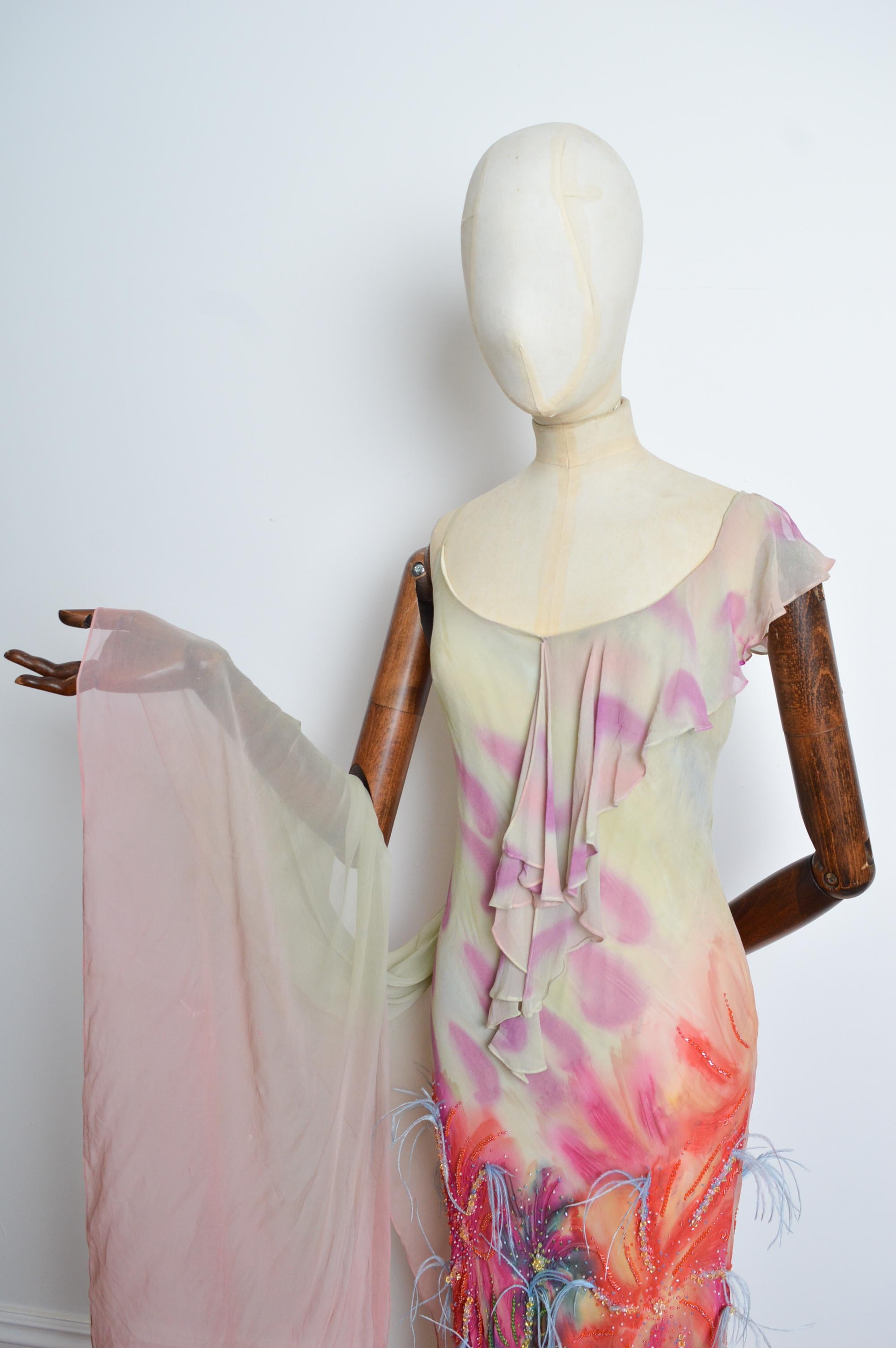 2000’s Bias Cut Silk Ostrich Feather Embellished Ruffle Evening Dress with Shawl In Good Condition In Sheffield, GB