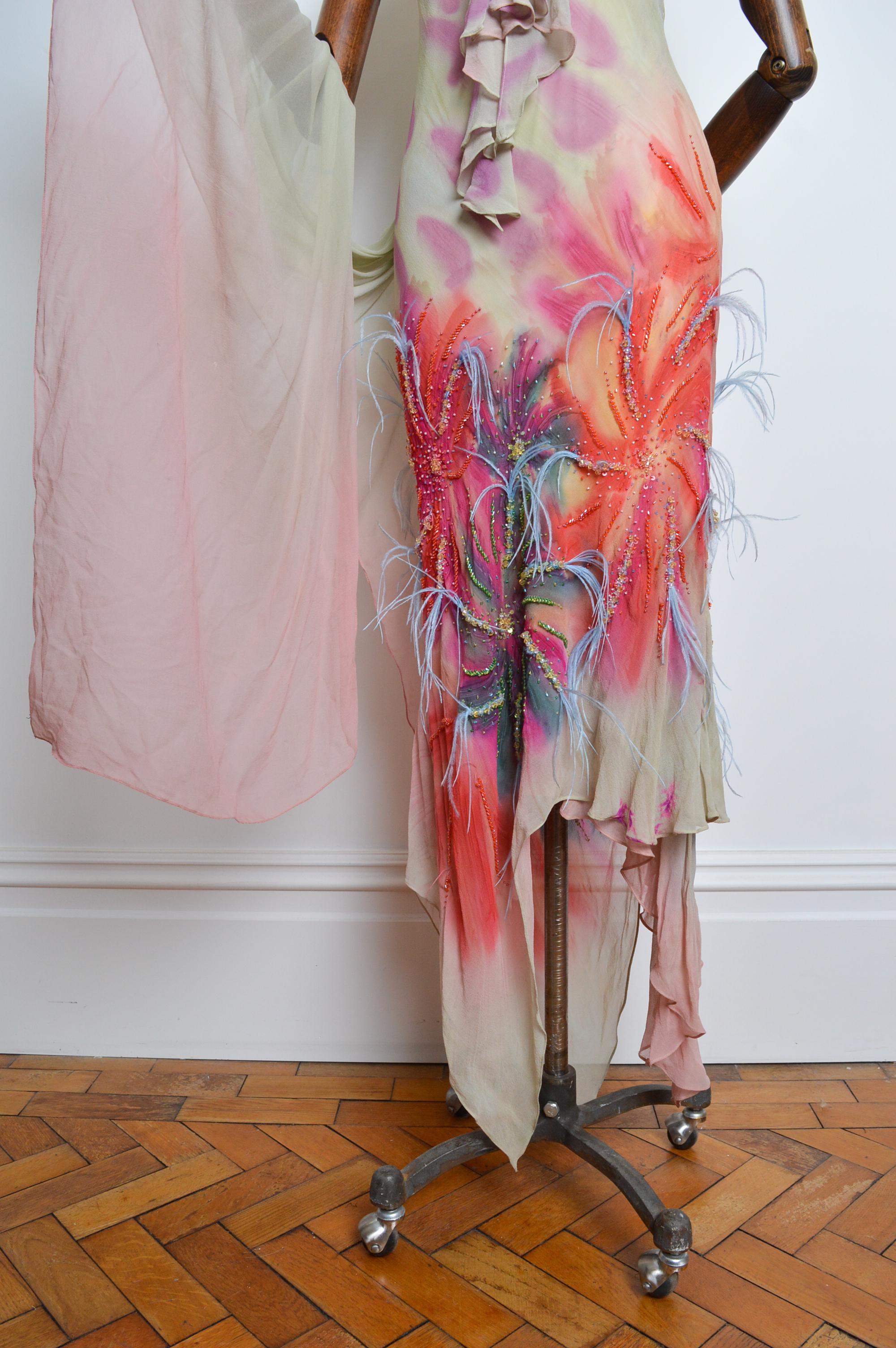 2000’s Bias Cut Silk Ostrich Feather Embellished Ruffle Evening Dress with Shawl 1