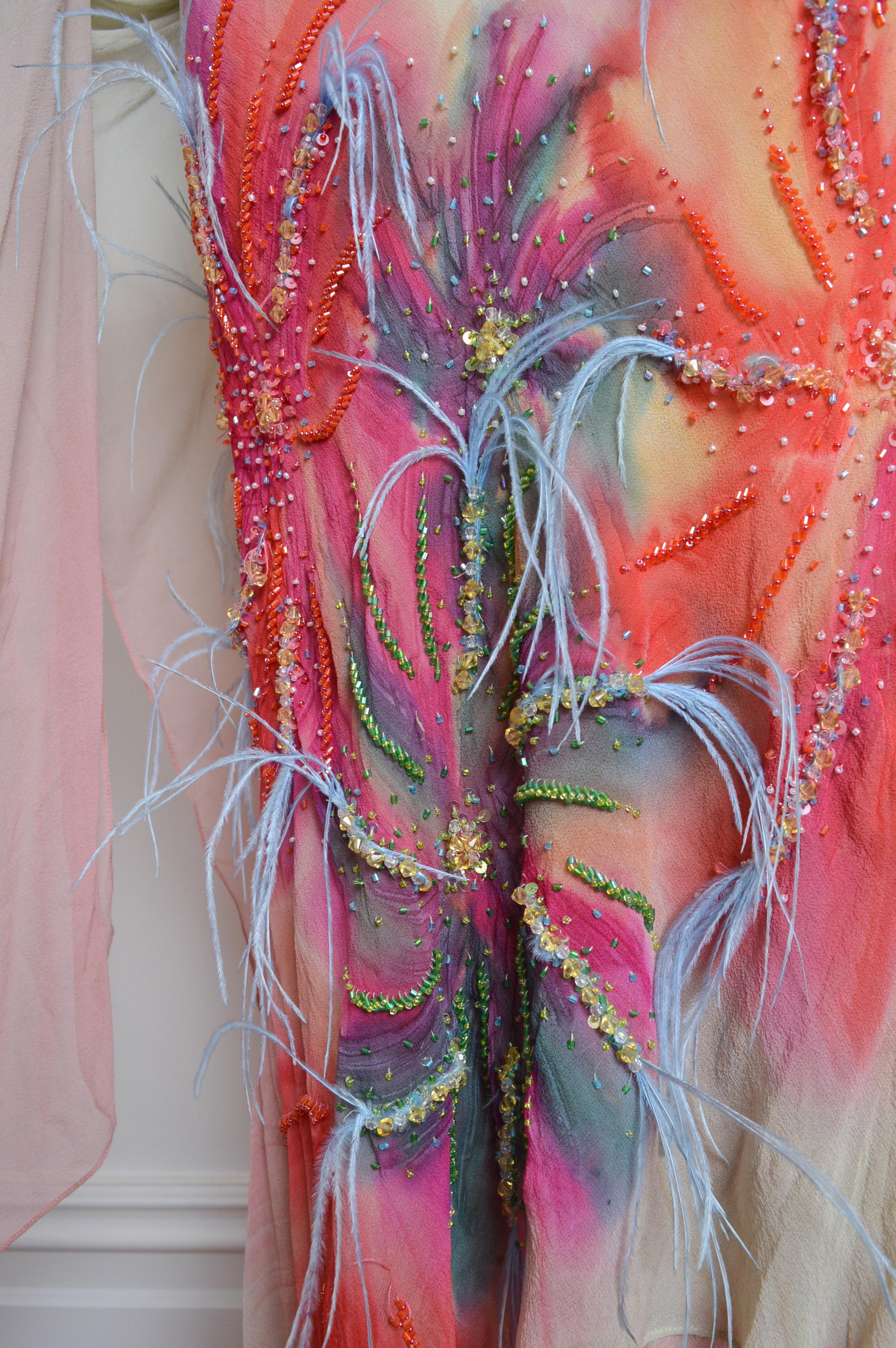 2000’s Bias Cut Silk Ostrich Feather Embellished Ruffle Evening Dress with Shawl 2