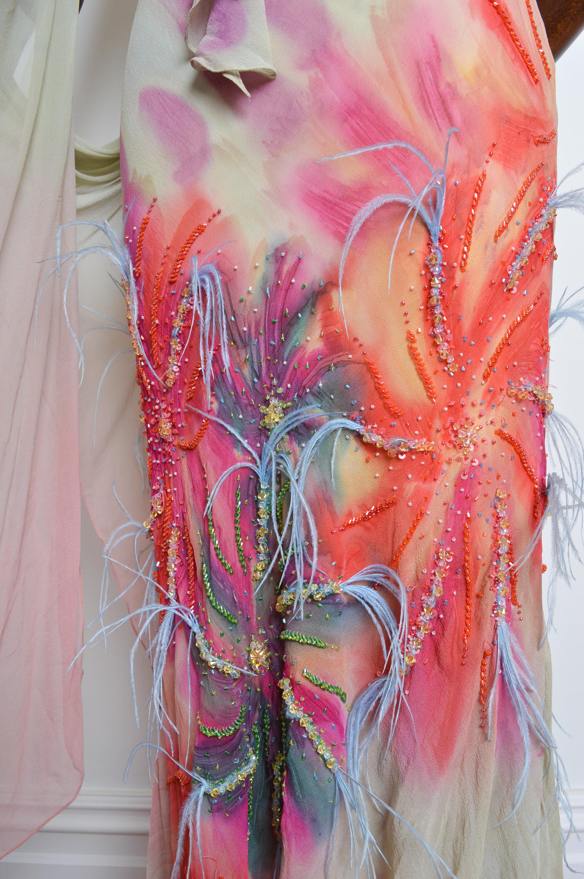 2000’s Bias Cut Silk Ostrich Feather Embellished Ruffle Evening Dress with Shawl 3