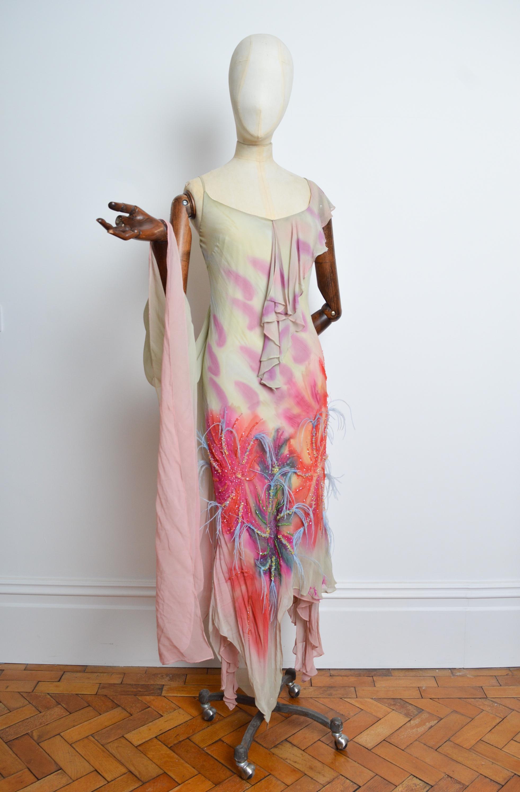 2000’s Bias Cut Silk Ostrich Feather Embellished Ruffle Evening Dress with Shawl 4