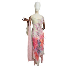 2000’s Bias Cut Silk Ostrich Feather Embellished Ruffle Evening Dress with Shawl