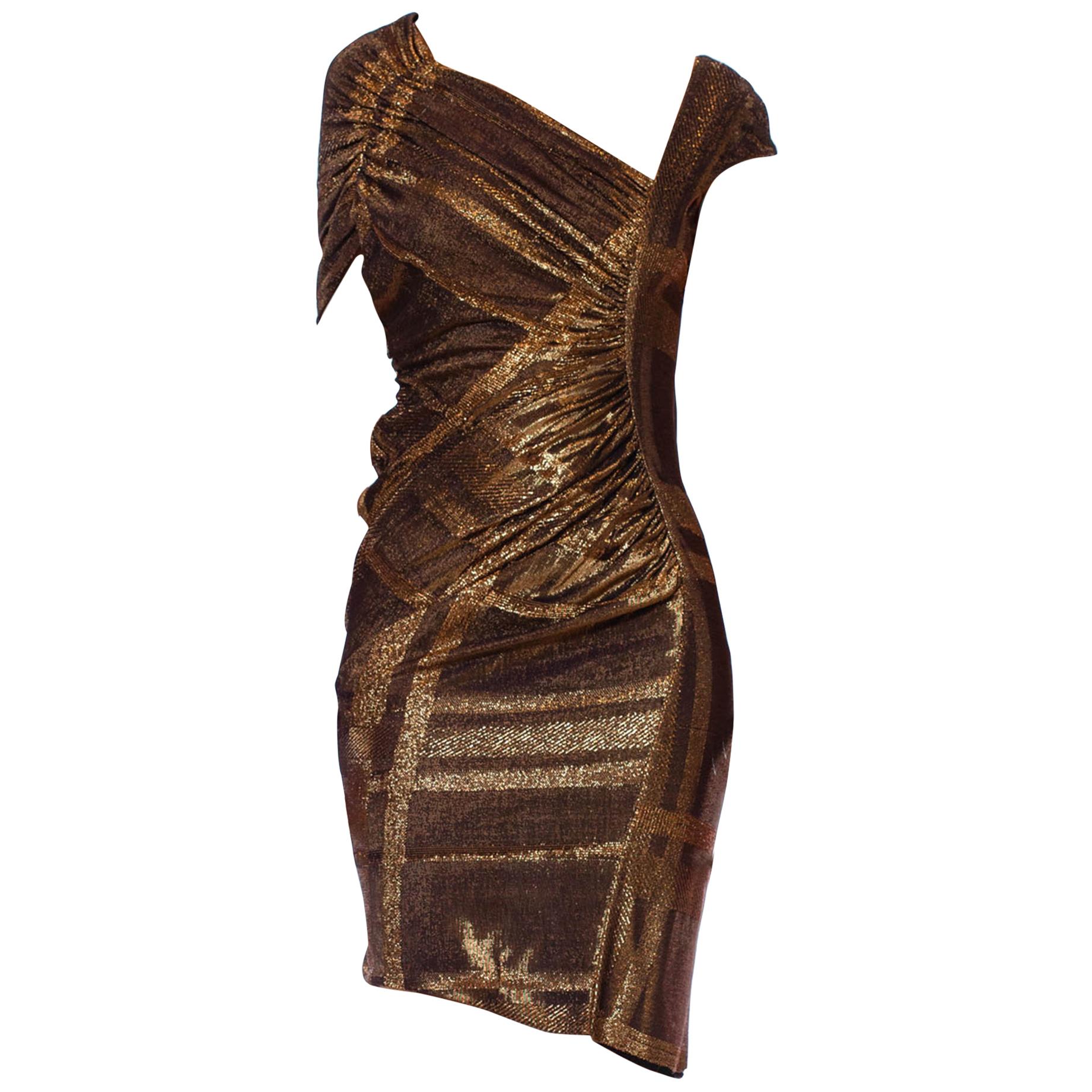 2000S Black & Copper Rayon/Lurex Jersey Asymmetrical Sexy Draped Cocktail Dress