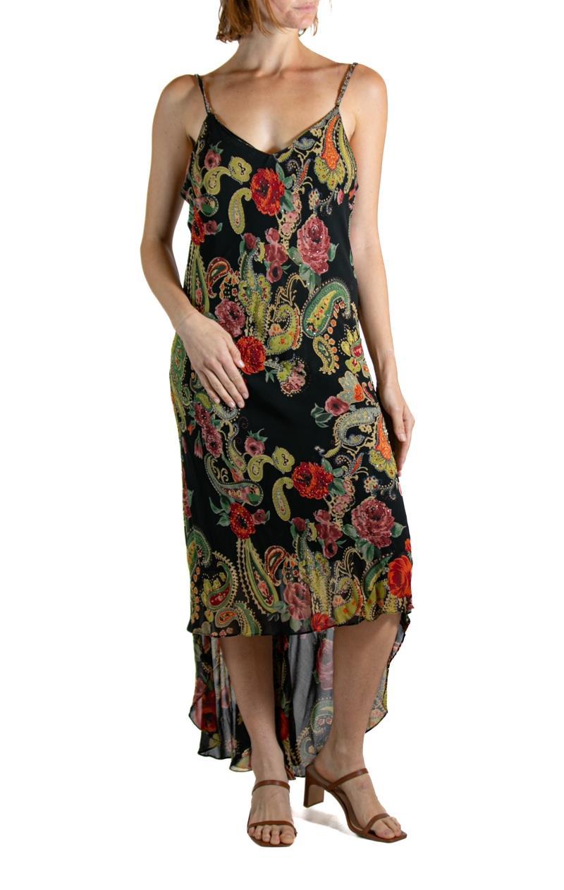 Women's 2000S Black Floral Silk Beaded Dress