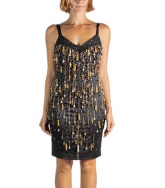 2000S Black & Gold Silk Chain Fringe Cocktail Dress