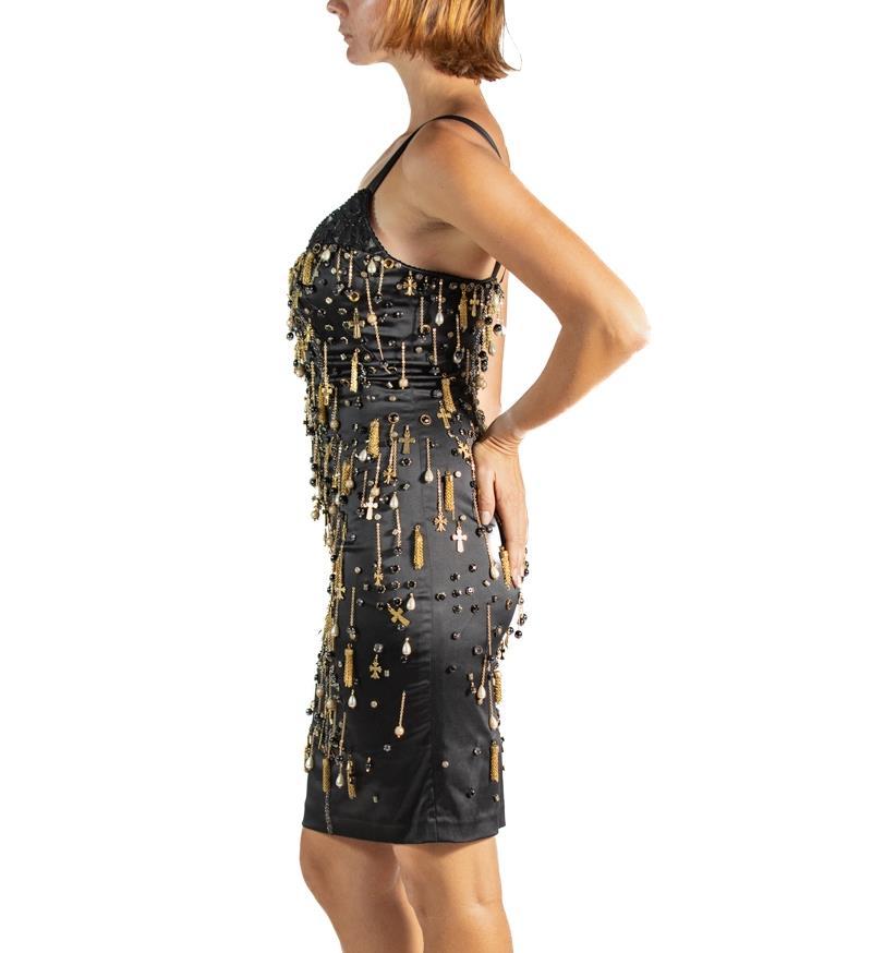 Women's 2000S Black & Gold Silk Chain Fringe Cocktail Dress For Sale