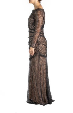 2000S Black & Nude Lace Sequined Gown Long Sleeve