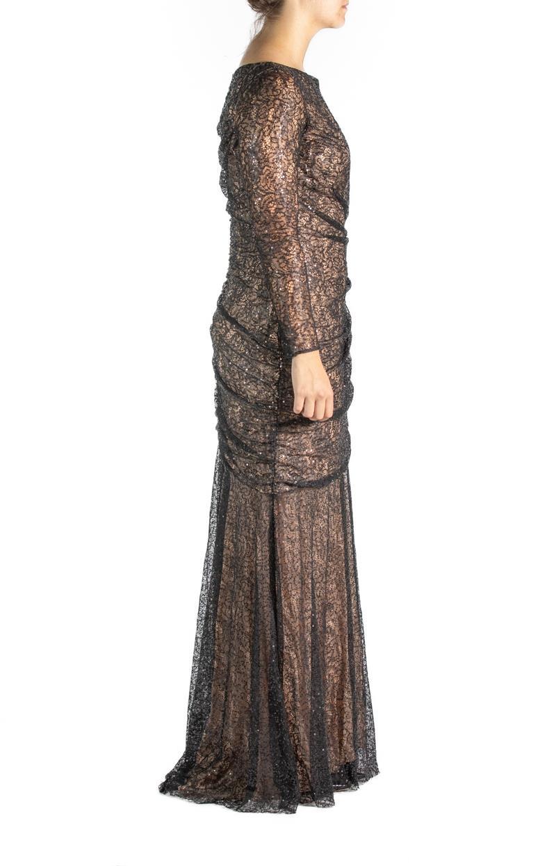2000S Black & Nude Lace Sequined Gown Long Sleeve In Excellent Condition For Sale In New York, NY